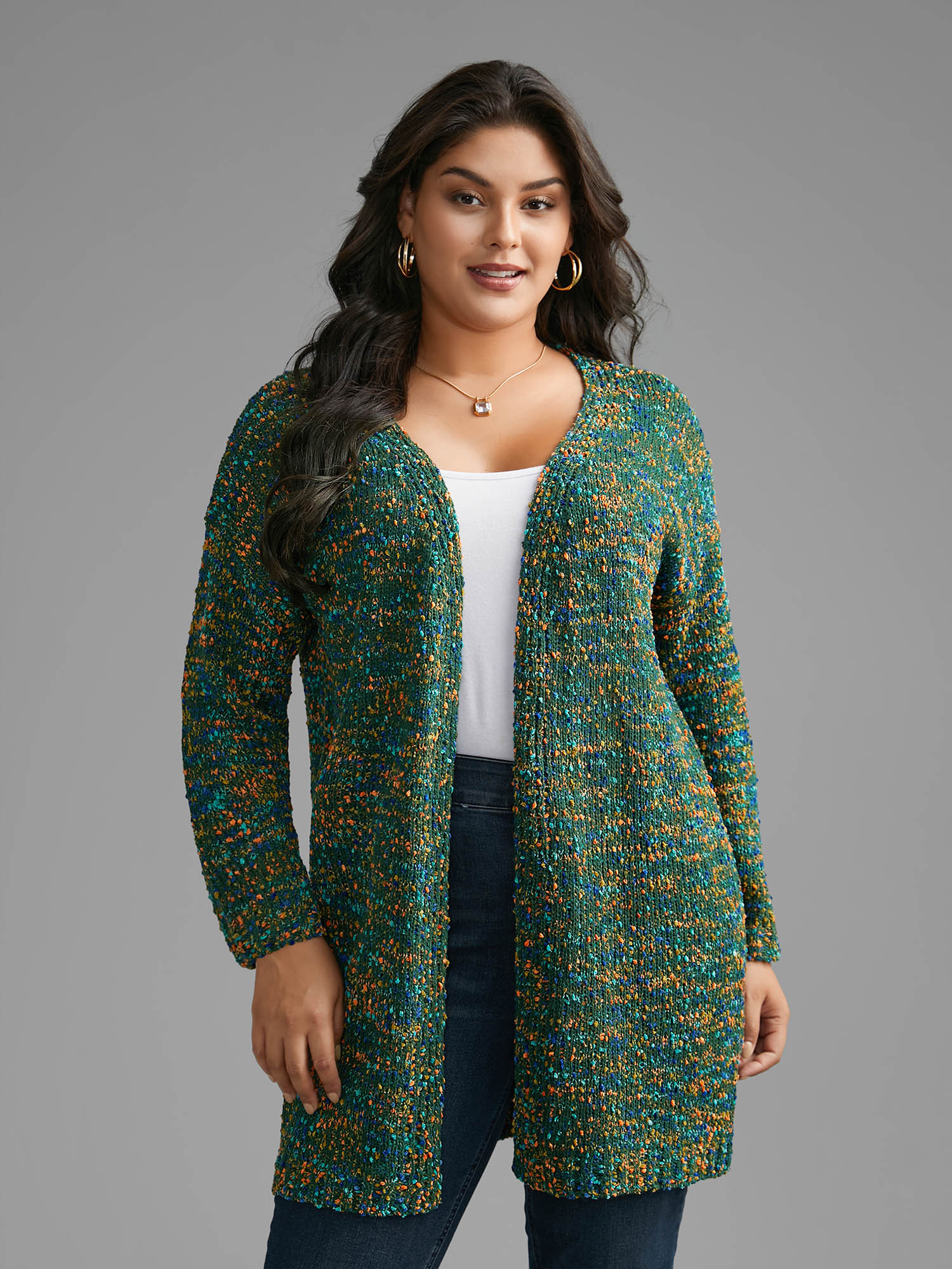 Plus Size Colour Textured Open Front Cardigan DarkGreen Women Casual Loose Long Sleeve Dailywear Cardigans BloomChic 22-24/3X 