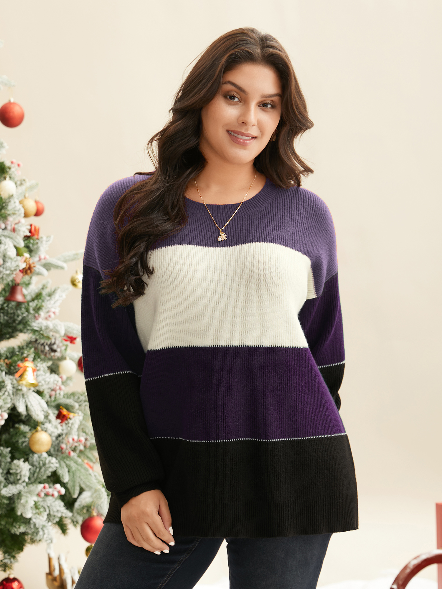 

Plus Size Supersoft Essentials Festive Color Block Straight Fit Pullover Deeppurple Women Casual Loose Long Sleeve Round Neck Everyday Pullovers BloomChic