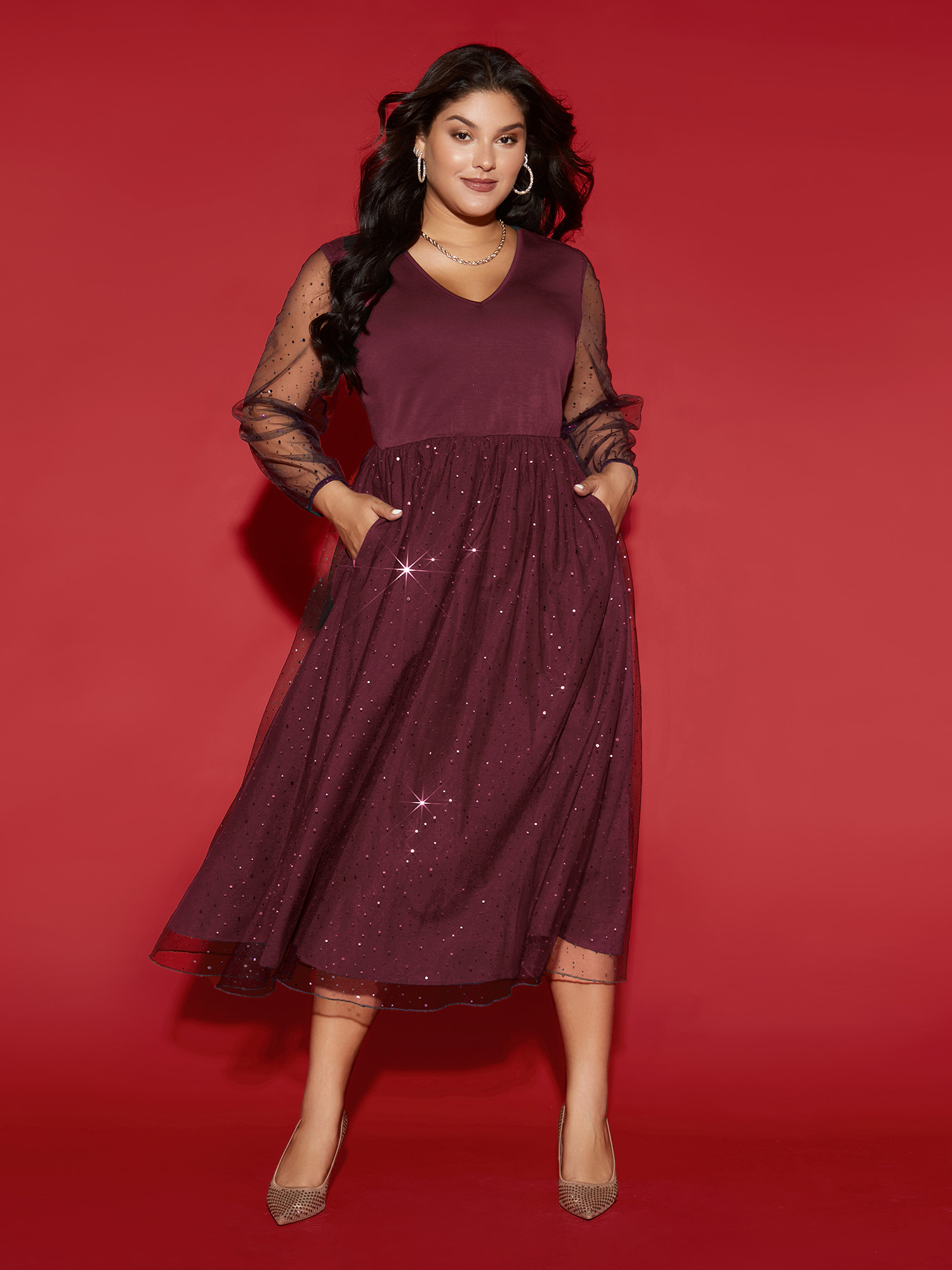 

Plus Size Sheer Mesh Shimmering Sequins Maxi Dress Burgundy Women Cocktail Texture Party Curvy Bloomchic