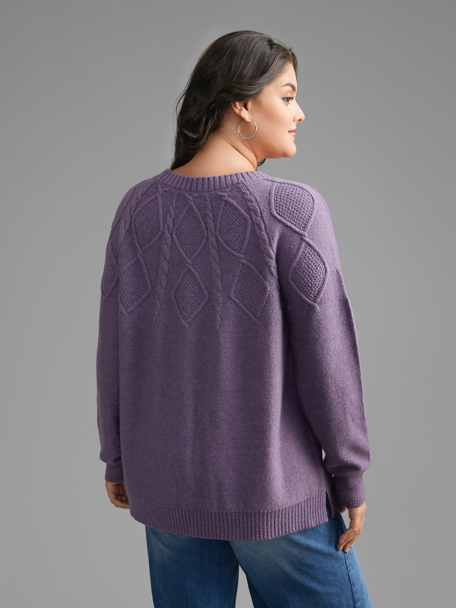 

Plus Size Cable Knit Bodice Crew-Neck Pullover Mauve Women Casual Loose Long Sleeve Round Neck Everyday Pullovers BloomChic