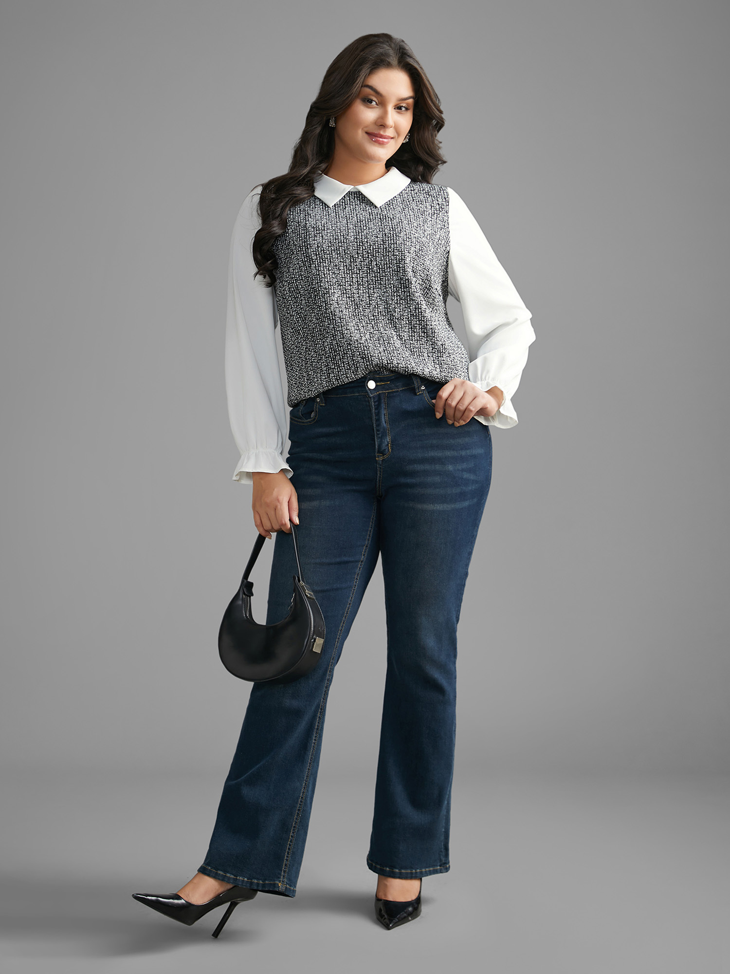 Plus Size Black Tweed Patchwork Lantern Sleeve Blouse Women At the Office Long Sleeve Shirt collar Work Blouses BloomChic 30/6X 
