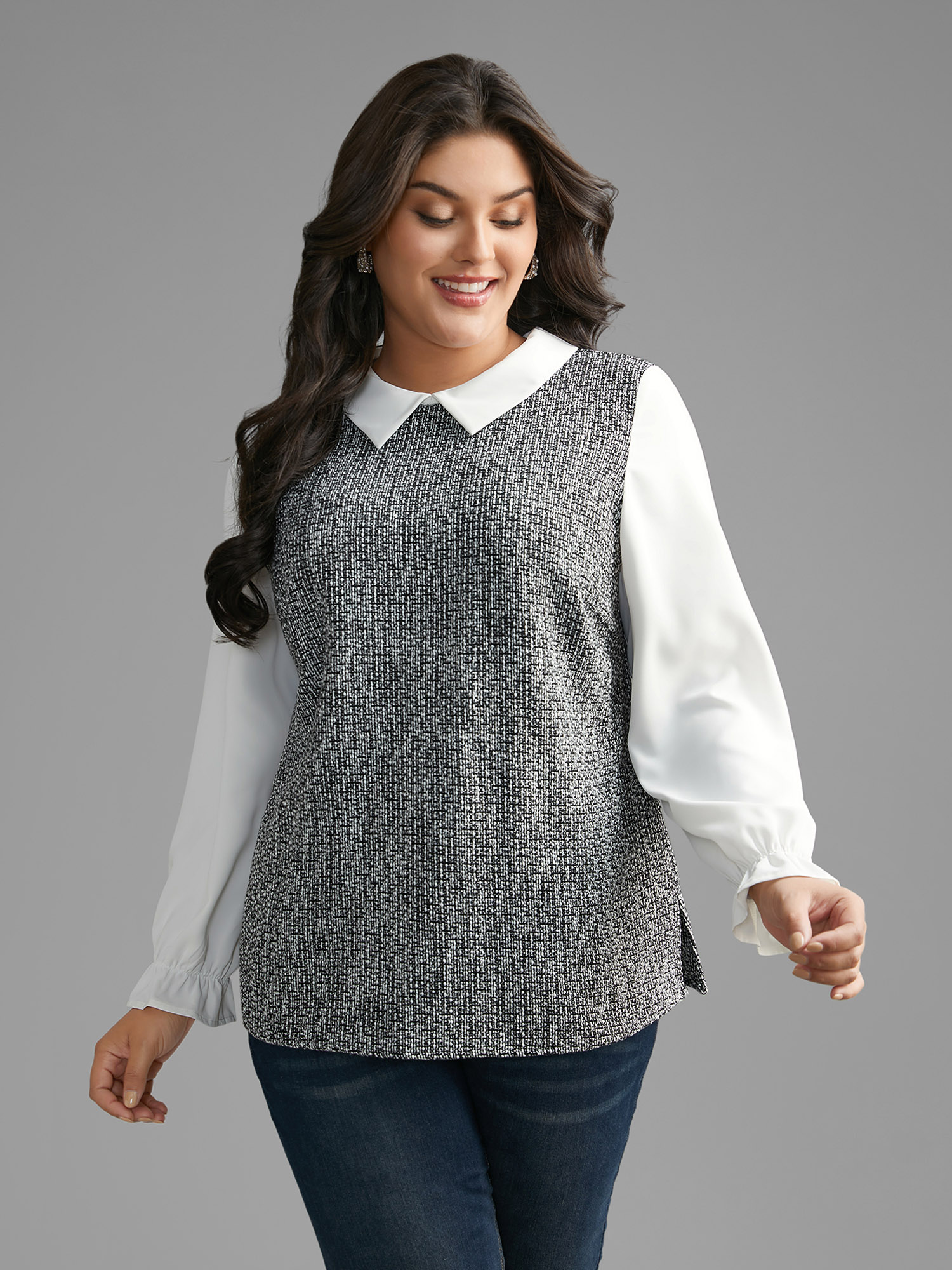 Plus Size Black Tweed Patchwork Lantern Sleeve Blouse Women At the Office Long Sleeve Shirt collar Work Blouses BloomChic 30/6X 