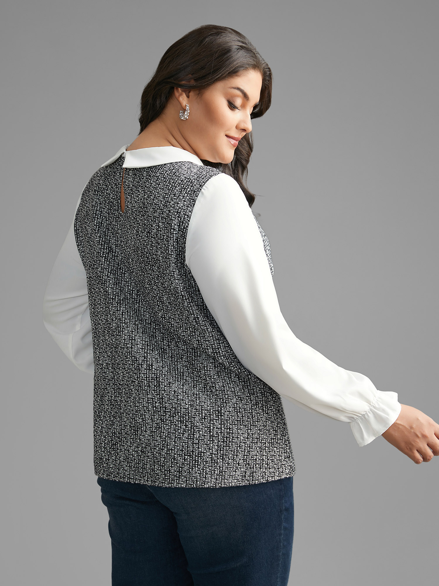 Plus Size Black Tweed Patchwork Lantern Sleeve Blouse Women At the Office Long Sleeve Shirt collar Work Blouses BloomChic 30/6X 