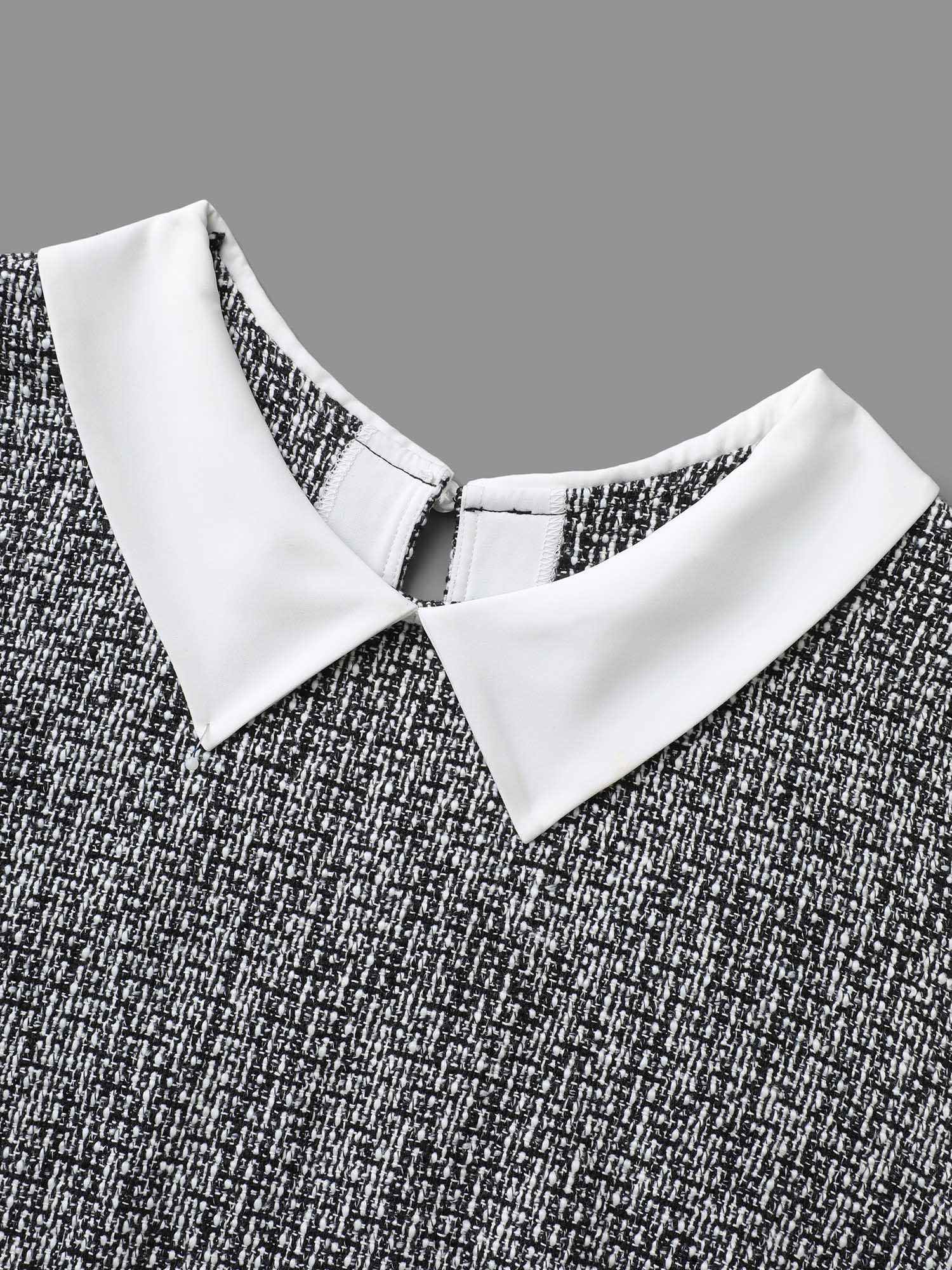 Plus Size Black Tweed Patchwork Lantern Sleeve Blouse Women At the Office Long Sleeve Shirt collar Work Blouses BloomChic 30/6X 
