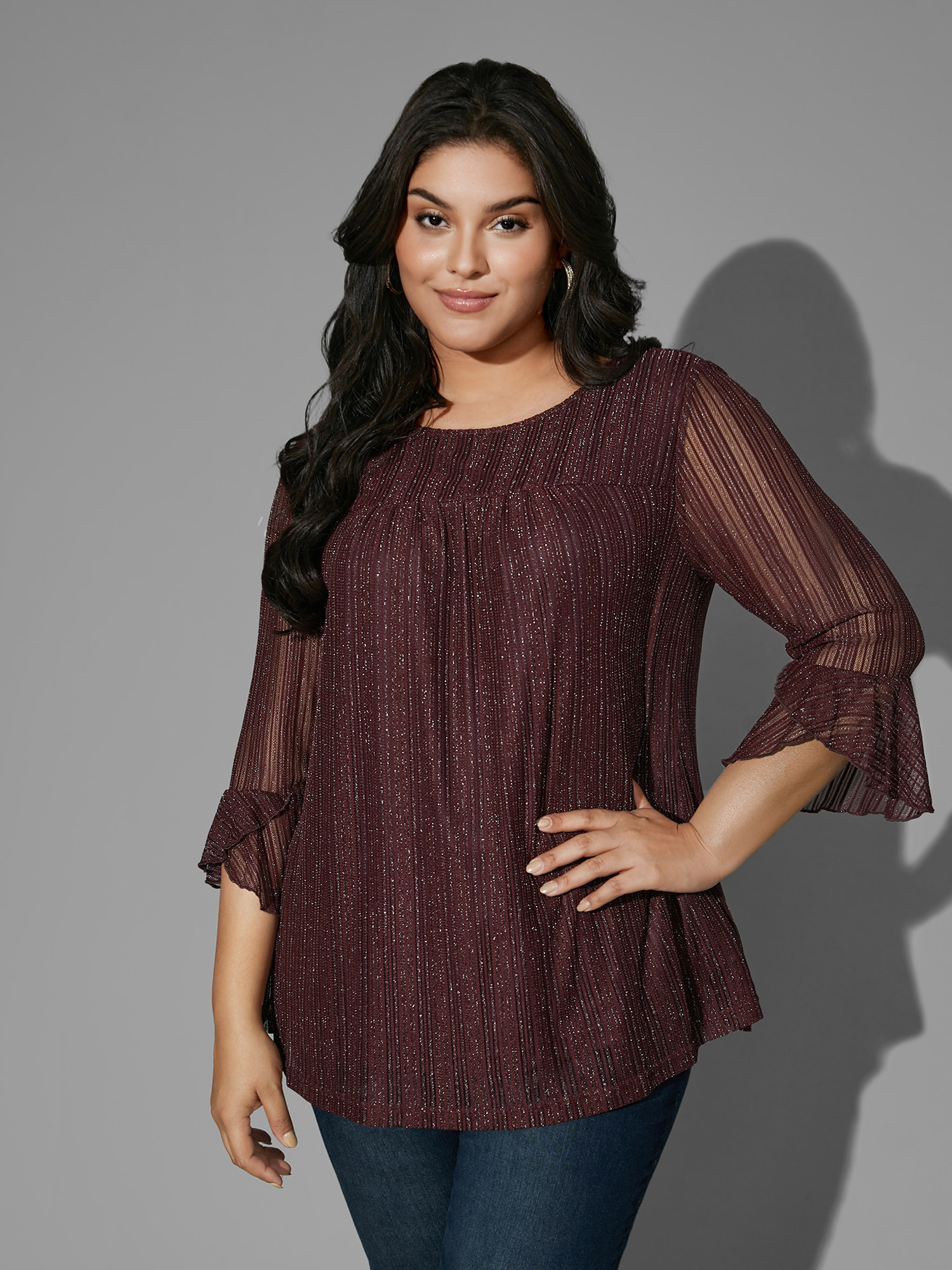 

Plus Size Glitter Gathered Patchwork Ruffles Top Plum Square Neck Elbow-length sleeve Cocktail Jersey Tops