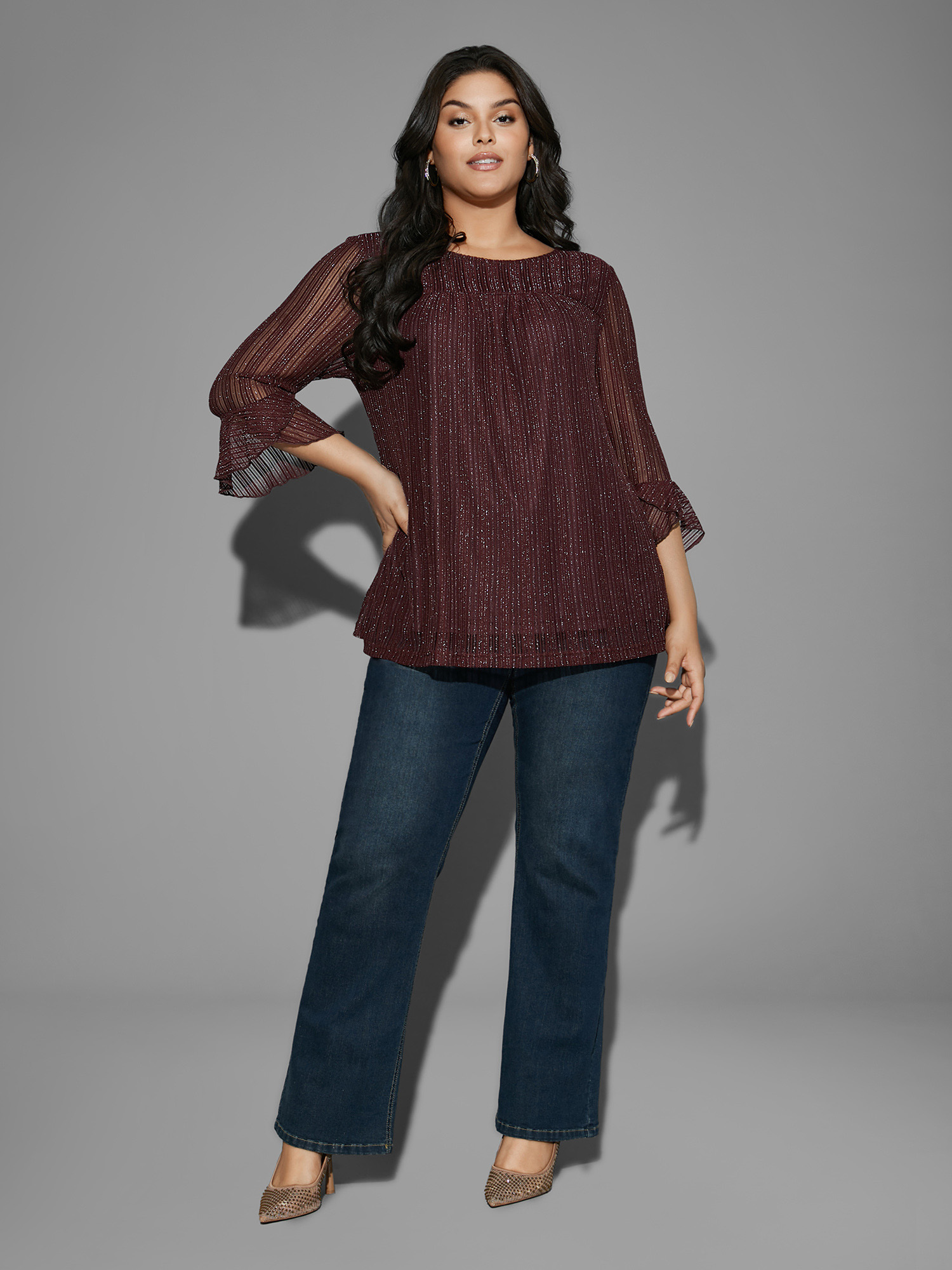 

Plus Size Glitter Gathered Patchwork Ruffles Top Plum Square Neck Elbow-length sleeve Cocktail Jersey Tops