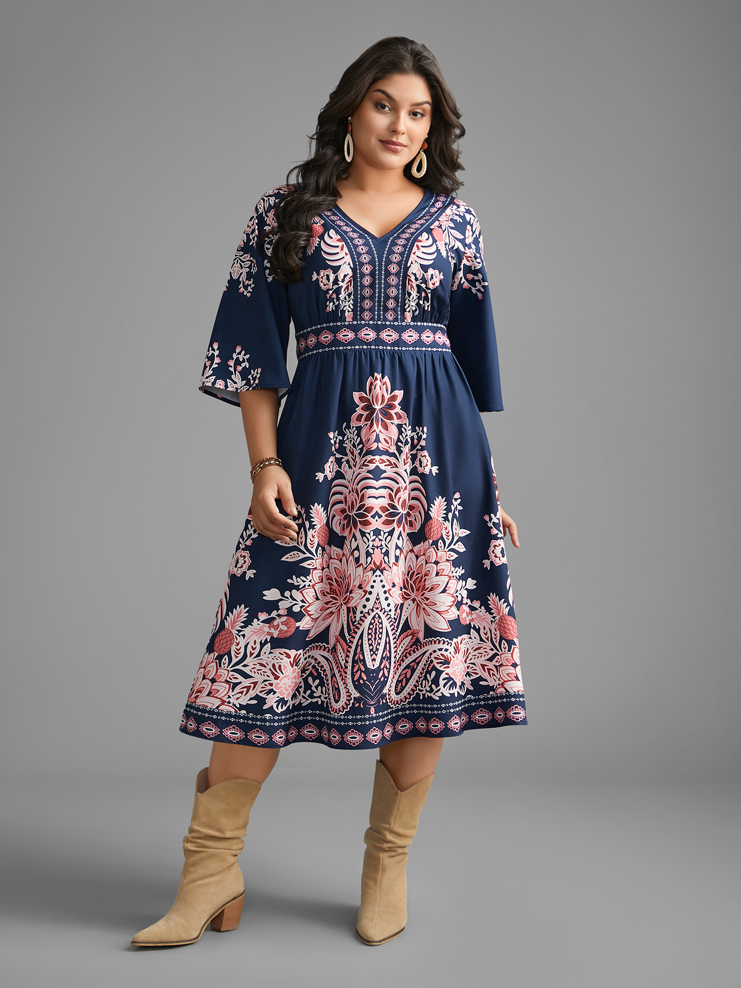 

Plus Size Boho Print Ruffle Sleeve Shirred Dress Navy Women Resort Shirred V-neck Elbow-length sleeve Curvy BloomChic