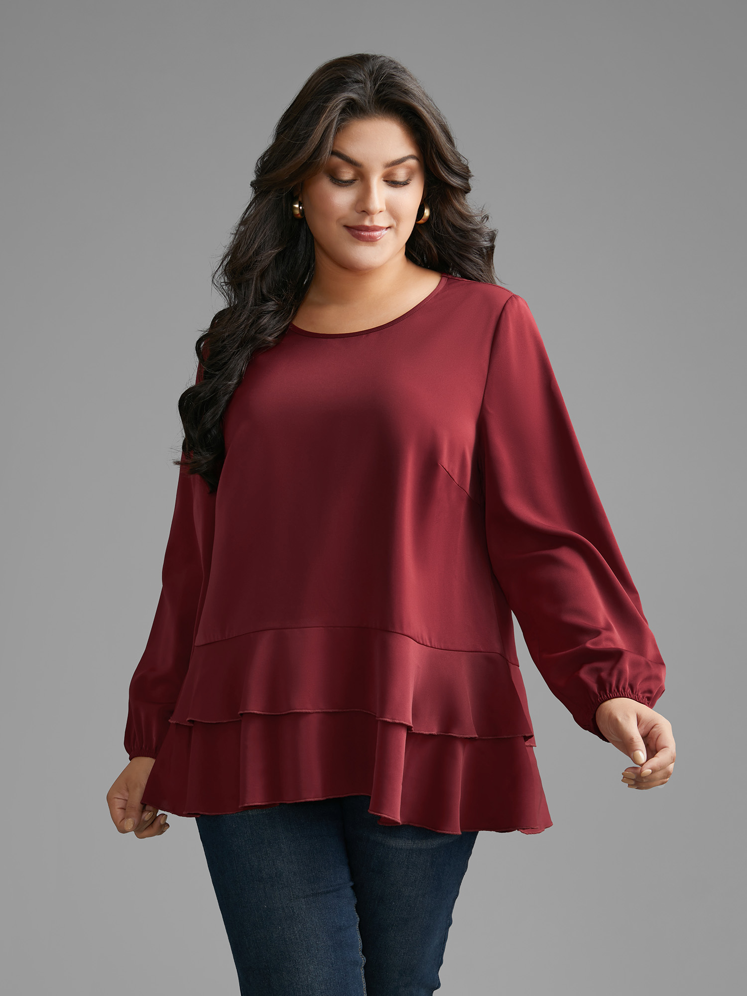 

Plus Size Scarlet Plain Tiered Ruffle Hem Lantern Sleeve Blouse Women Elegant Long Sleeve Round Neck Everyday Blouses BloomChic