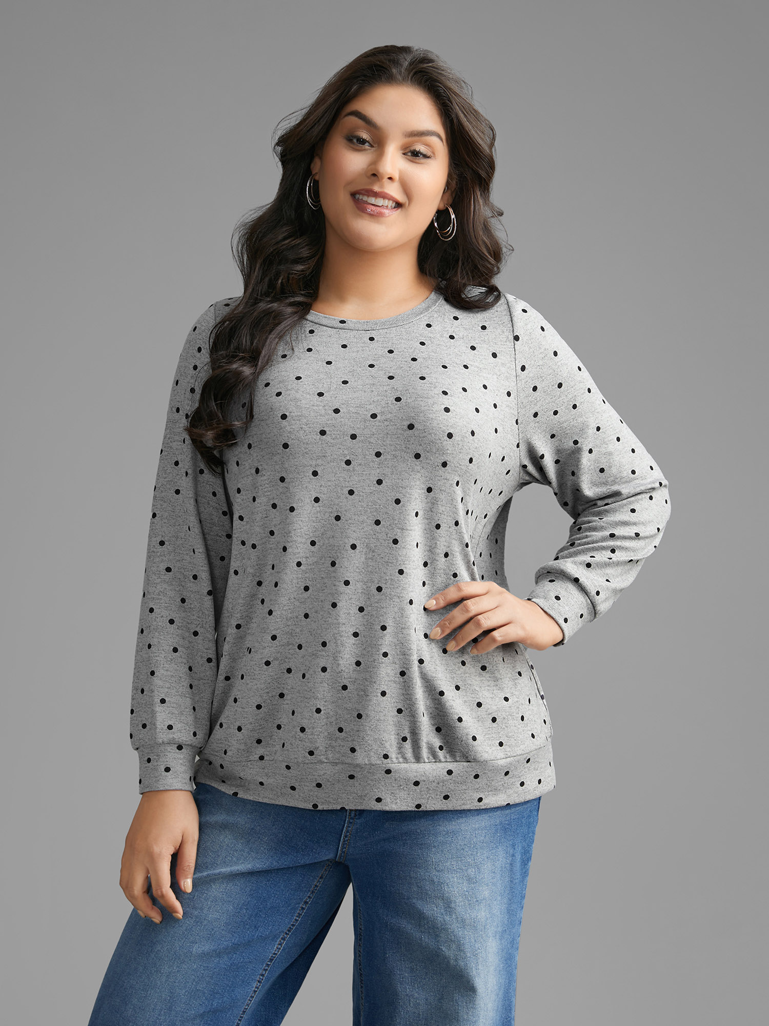 

Plus Size Polka Dot Heather Slightly Stretchy Sweatshirt Women DarkGray Casual Contrast Round Neck Everyday Sweatshirts BloomChic