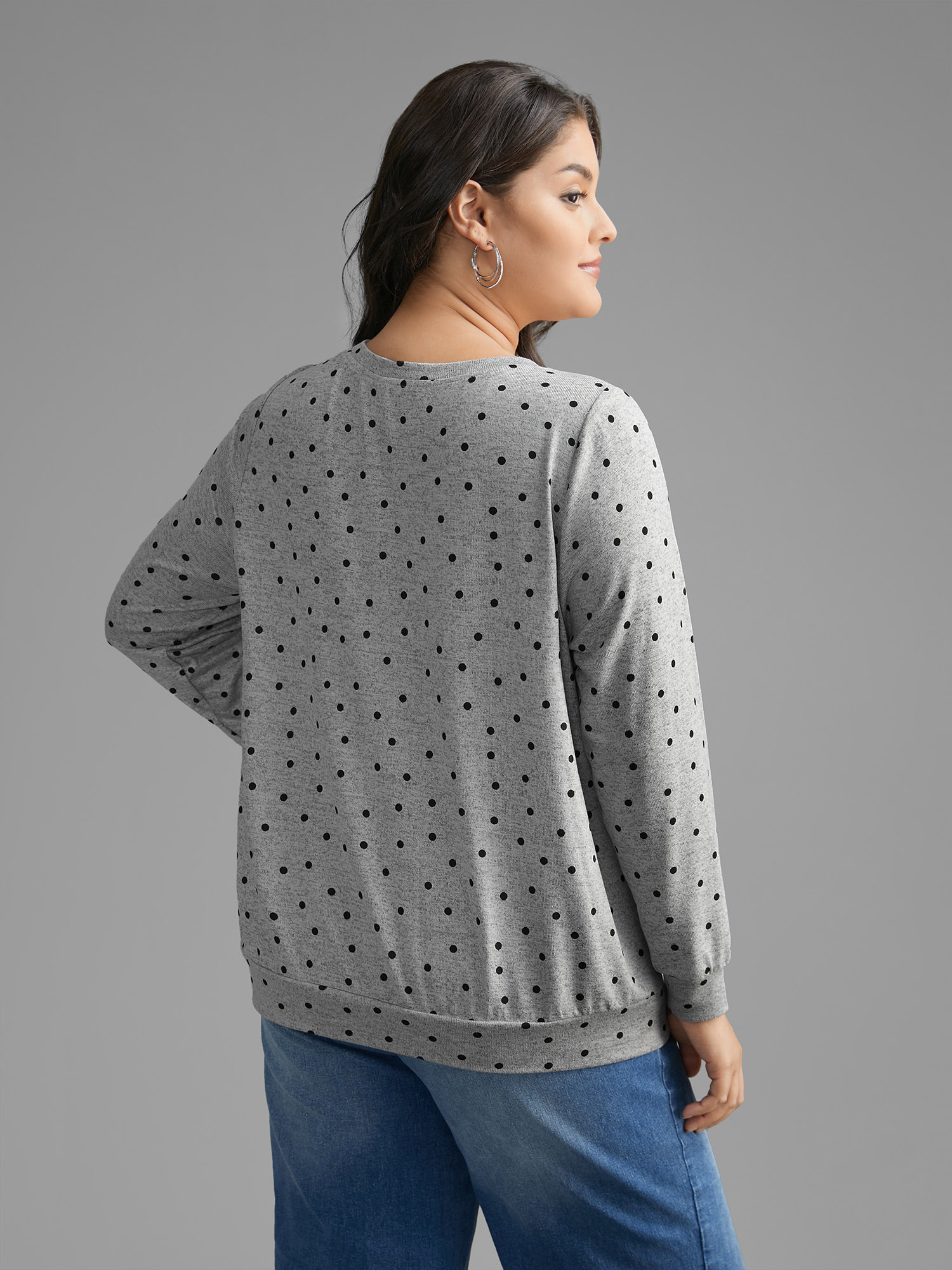 

Plus Size Polka Dot Heather Slightly Stretchy Sweatshirt Women DarkGray Casual Contrast Round Neck Everyday Sweatshirts BloomChic