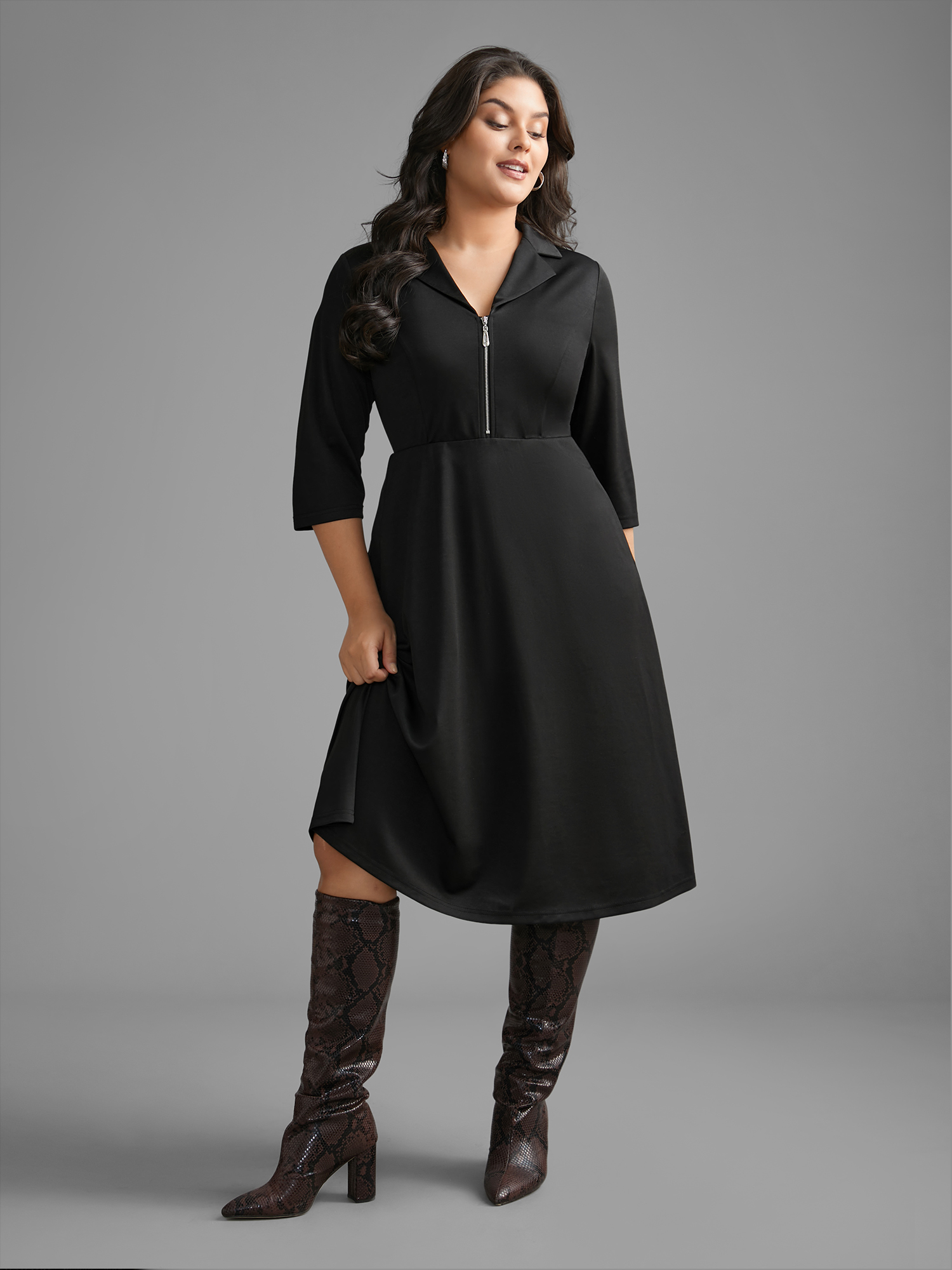 

Plus Size Suit Collar Half Zip Midi Dress Black Women At the Office Non Suit Collar Elbow-length sleeve Curvy BloomChic