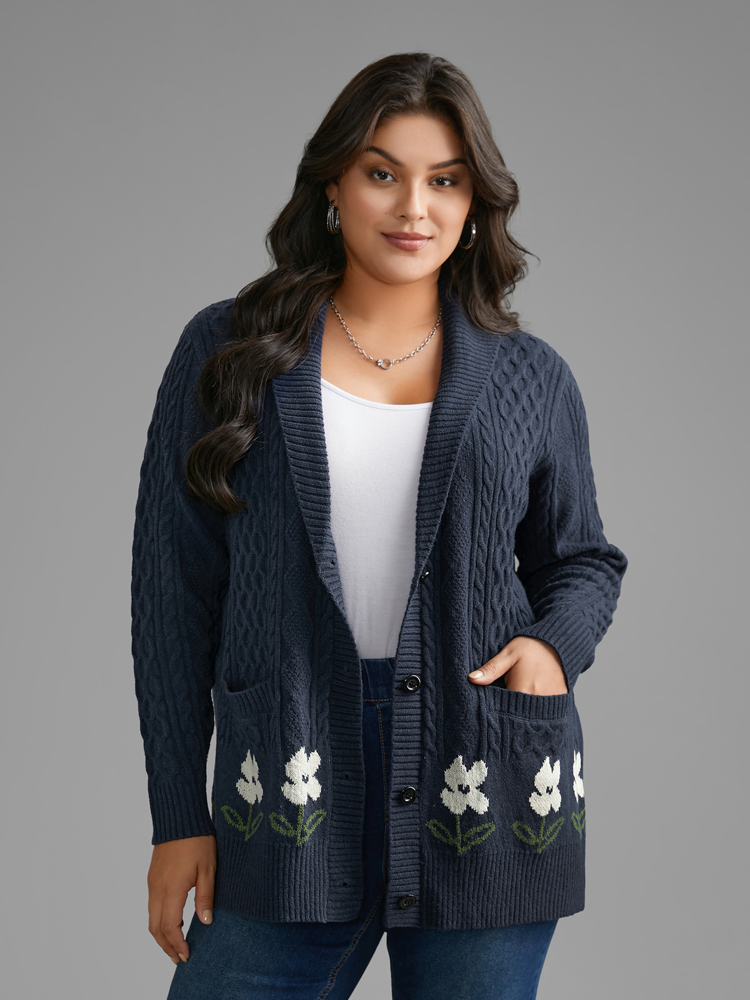 

Plus Size Floral Jacquard Cable Knit Pocket Cardigan Indigo Women Casual Loose Long Sleeve Everyday Cardigans BloomChic