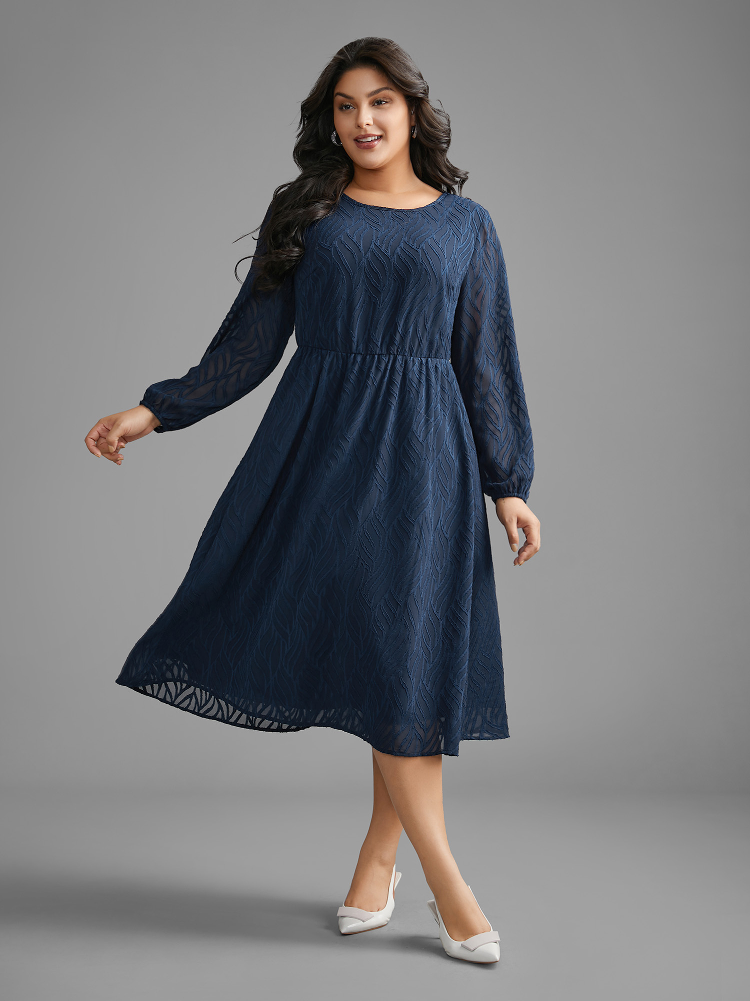 

Plus Size Textured Chiffon Lantern Sleeve Midi Dress DarkBlue Women At the Office Texture Round Neck Long Sleeve Curvy BloomChic