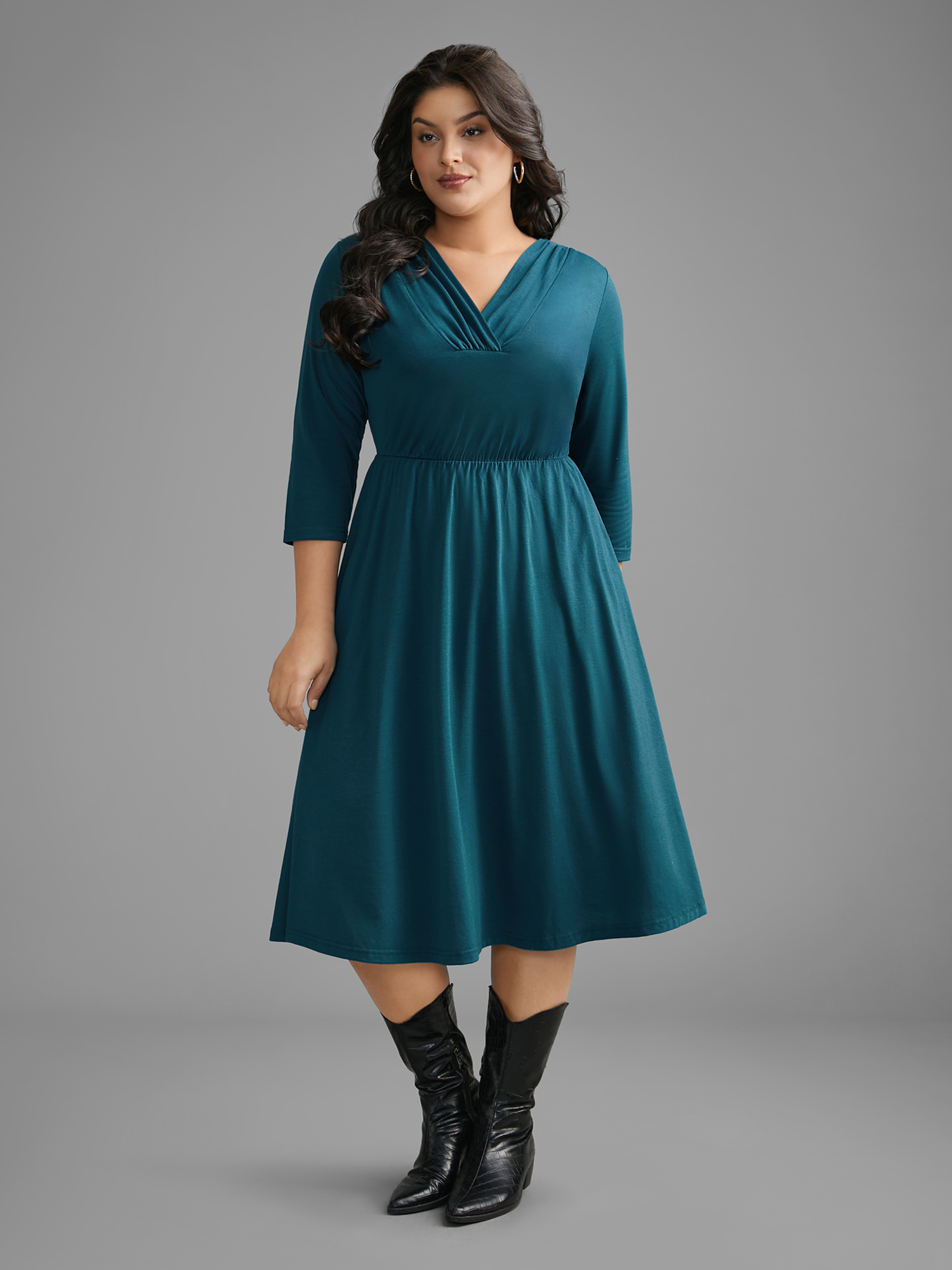 

Plus Size V Neck Gathered Midi Knit Dress Aegean Women Casual Gathered Knit Dresses Bloomchic