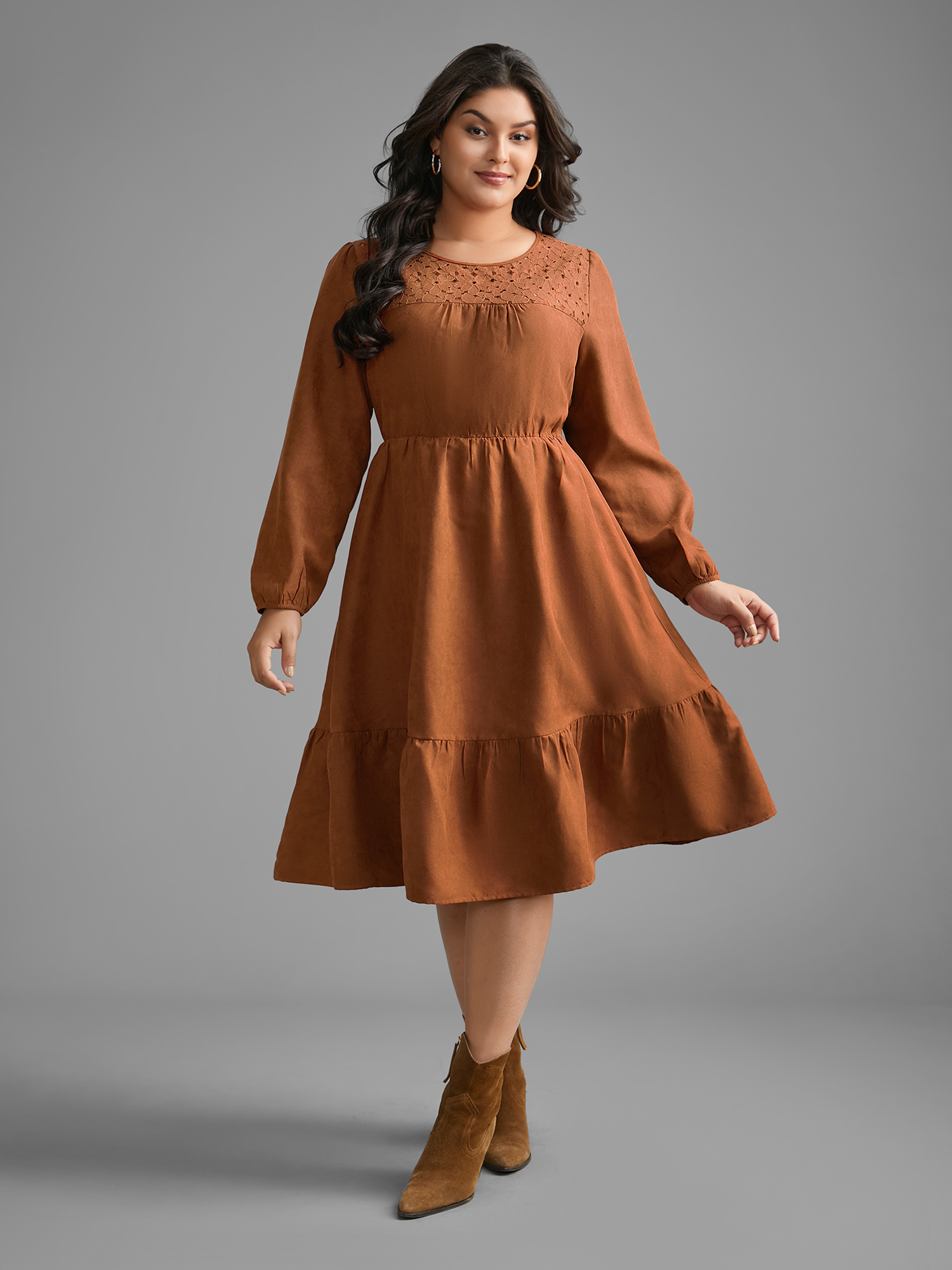 

Plus Size Faux Suede Lace Panel Lantern Sleeve Dress Yellowishbrown Women Elegant Texture Round Neck Long Sleeve Curvy BloomChic