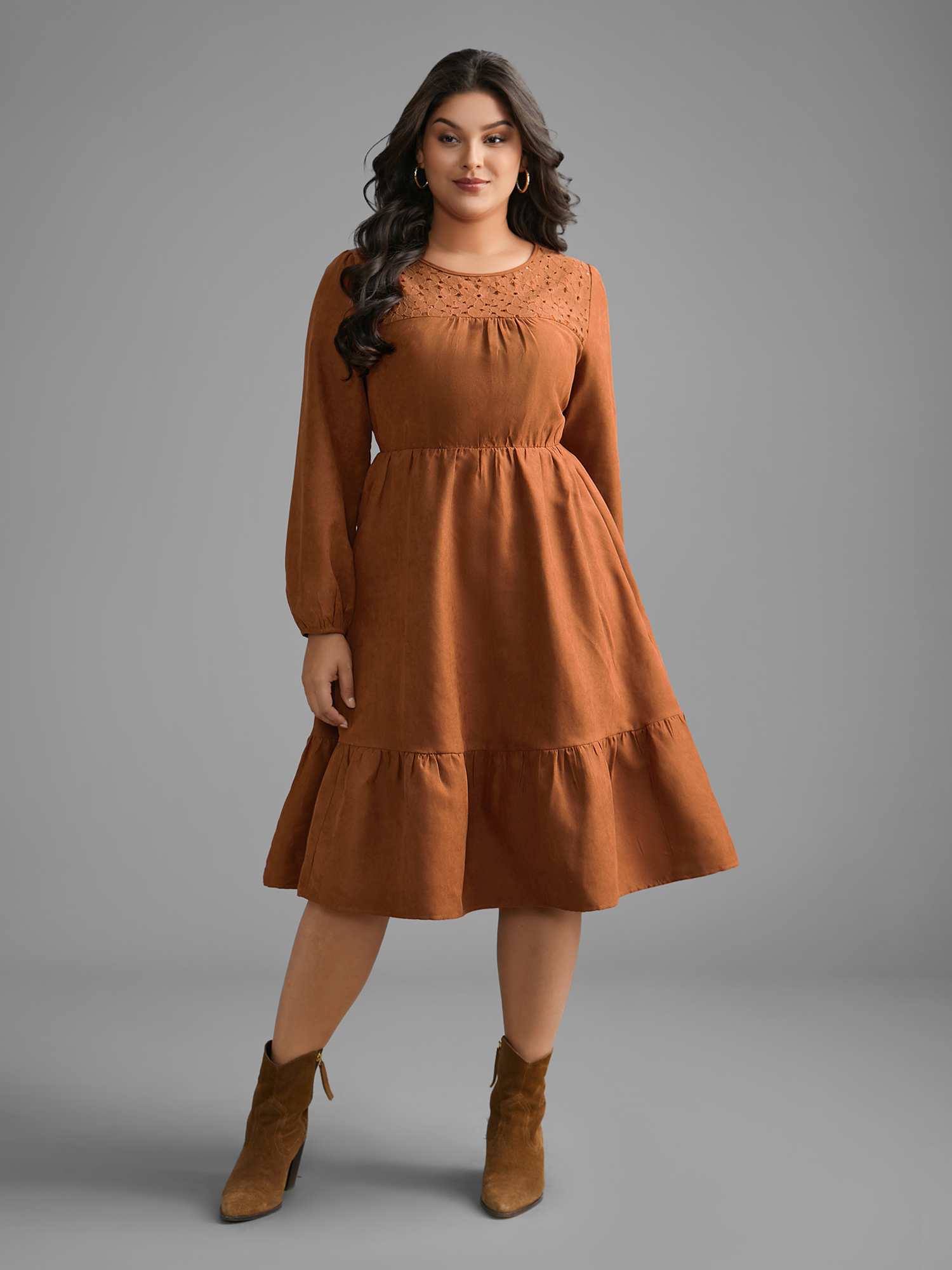 Plus Size Faux Suede Lace Panel Lantern Sleeve Dress Yellowishbrown Women Elegant Texture Round Neck Long Sleeve Curvy BloomChic 22-24/3X 