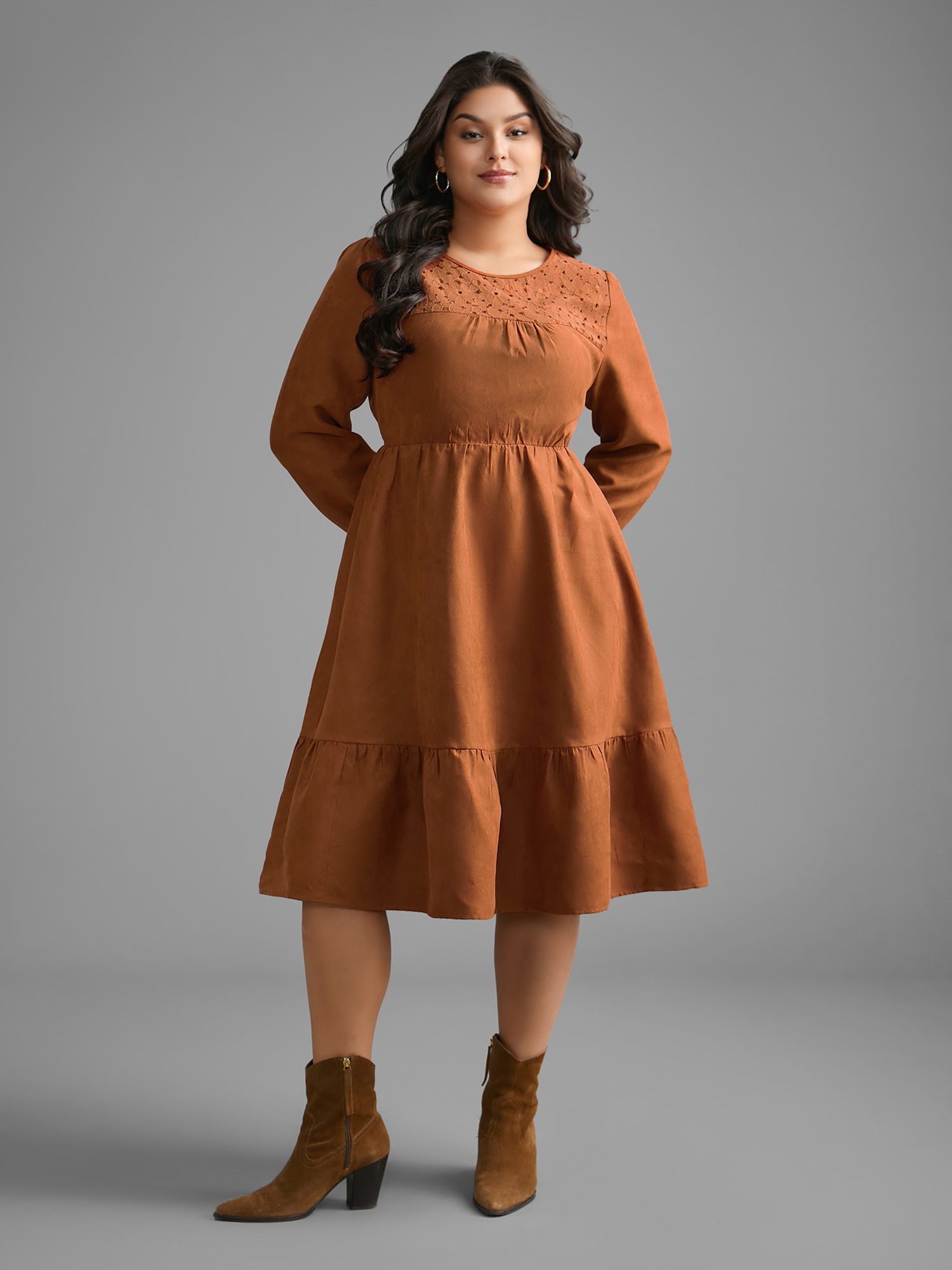 Plus Size Faux Suede Lace Panel Lantern Sleeve Dress Yellowishbrown Women Elegant Texture Round Neck Long Sleeve Curvy BloomChic 22-24/3X 