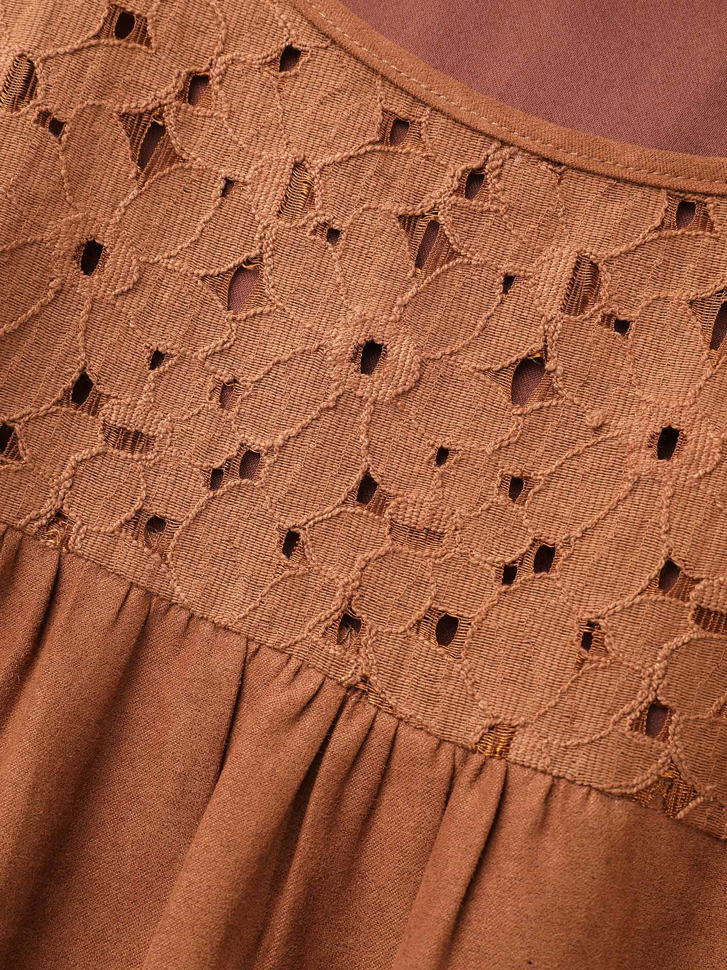Plus Size Faux Suede Lace Panel Lantern Sleeve Dress Yellowishbrown Women Elegant Texture Round Neck Long Sleeve Curvy BloomChic 22-24/3X 