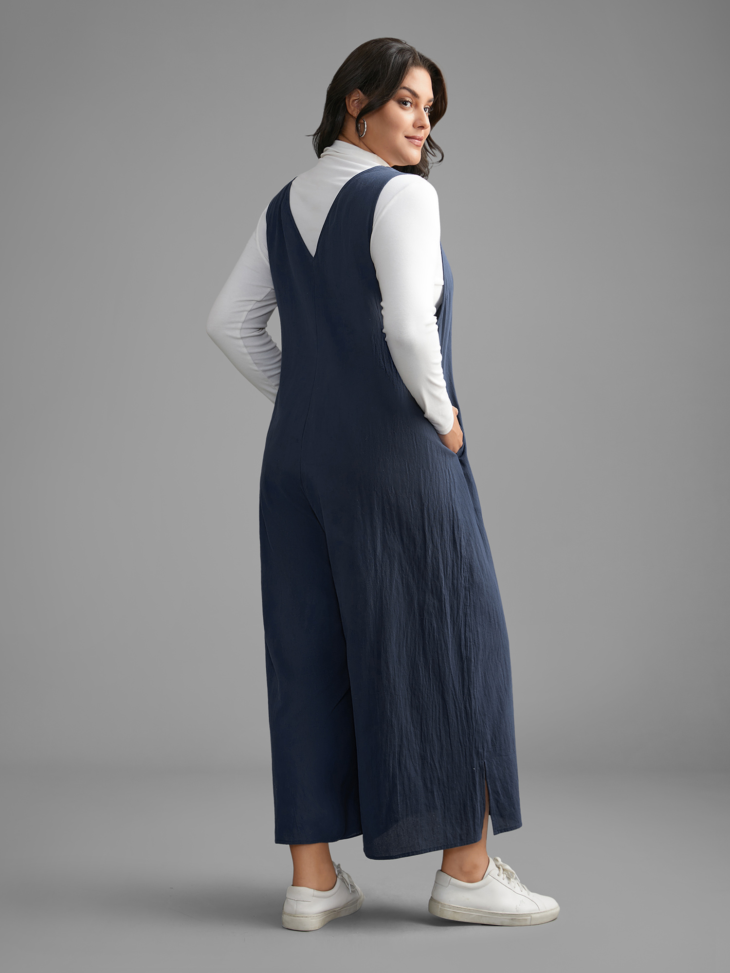 Plus Size Navy Cotton Solid V Neck Loose Jumpsuit Women Casual Sleeveless V-neck Everyday Loose Jumpsuits BloomChic 26/4X 