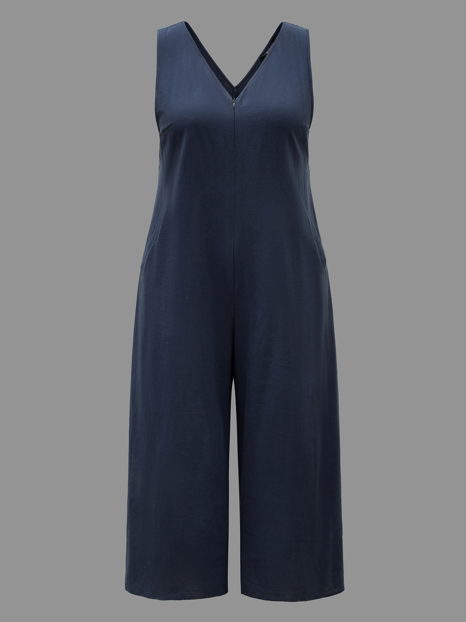 Plus Size Navy Cotton Solid V Neck Loose Jumpsuit Women Casual Sleeveless V-neck Everyday Loose Jumpsuits BloomChic 26/4X 