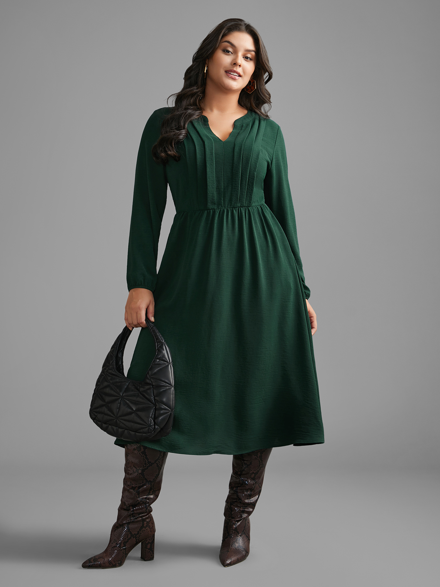 

Plus Size Plain Notched Pleated Midi Dress DarkGreen Women At the Office Pleated Flat collar Long Sleeve Curvy BloomChic