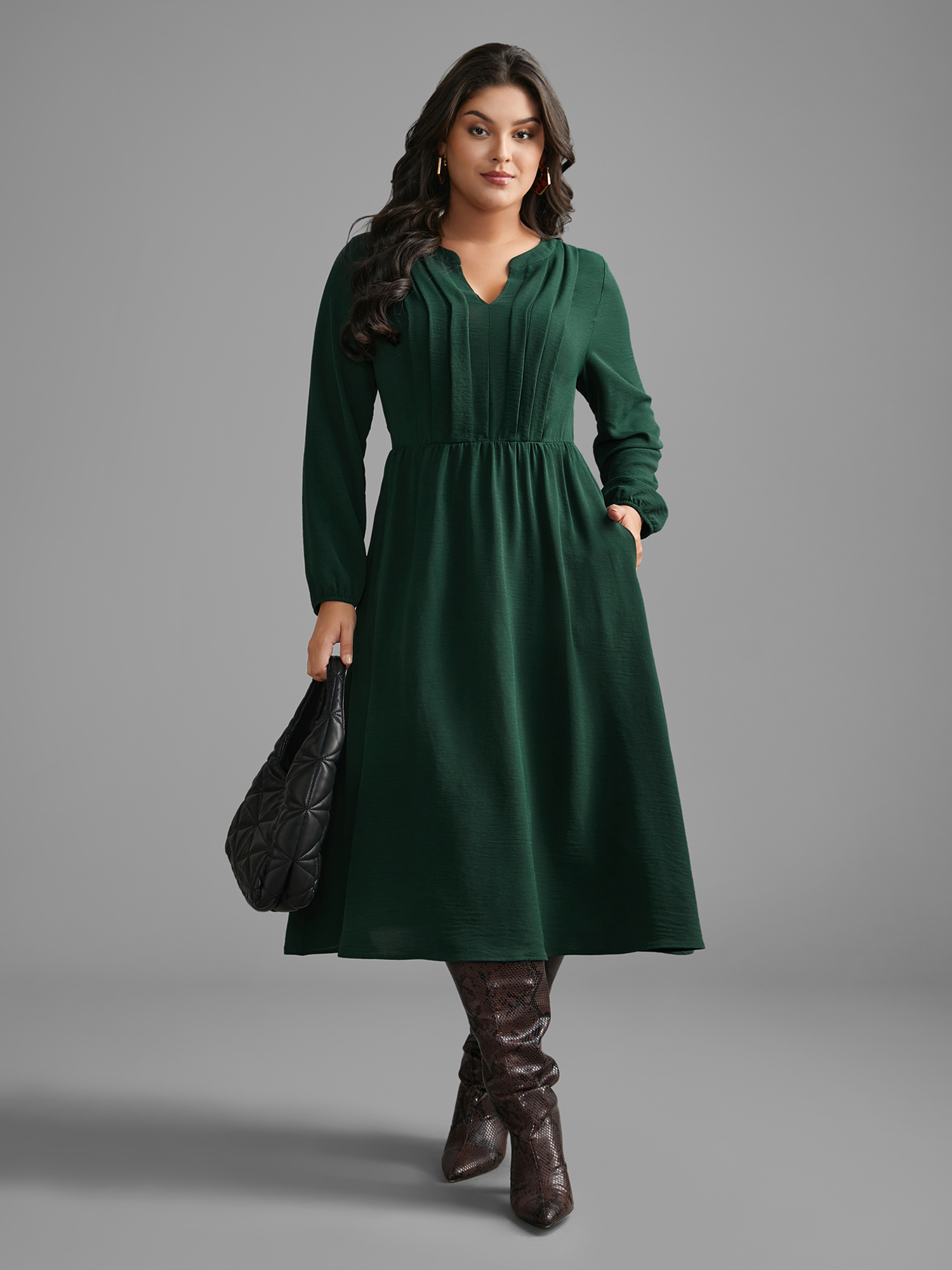 

Plus Size Plain Notched Pleated Midi Dress DarkGreen Women At the Office Pleated Flat collar Long Sleeve Curvy BloomChic