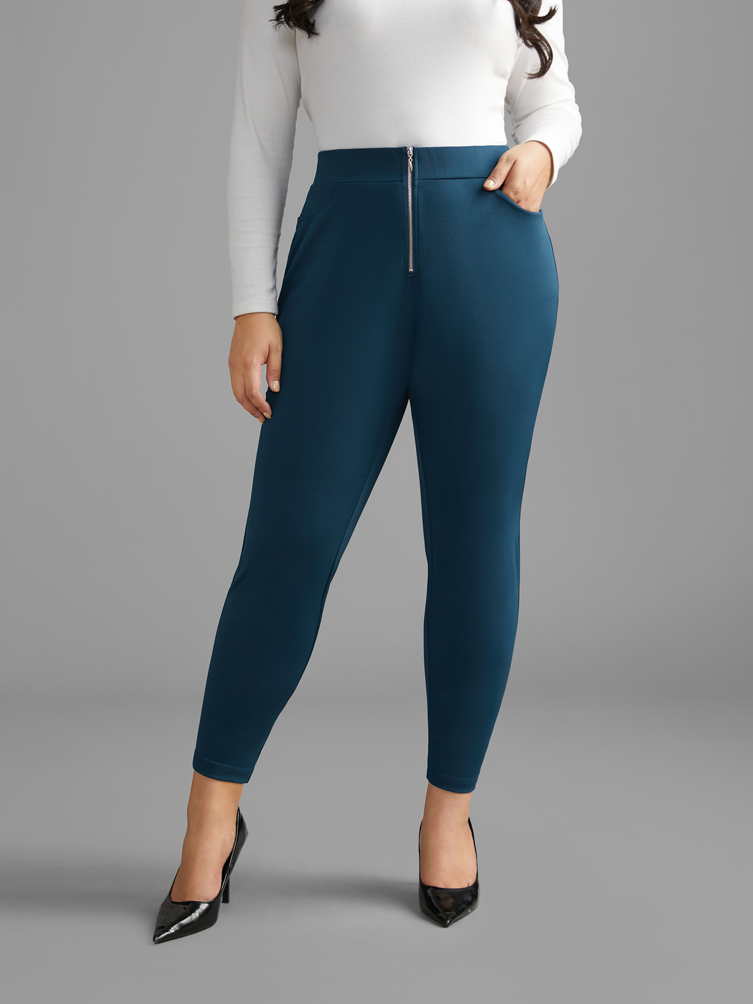 

Plus Size Mid Rise Zipper Detail Skinny Pants Women Aegean Elegant Skinny Mid Rise Everyday Pants BloomChic