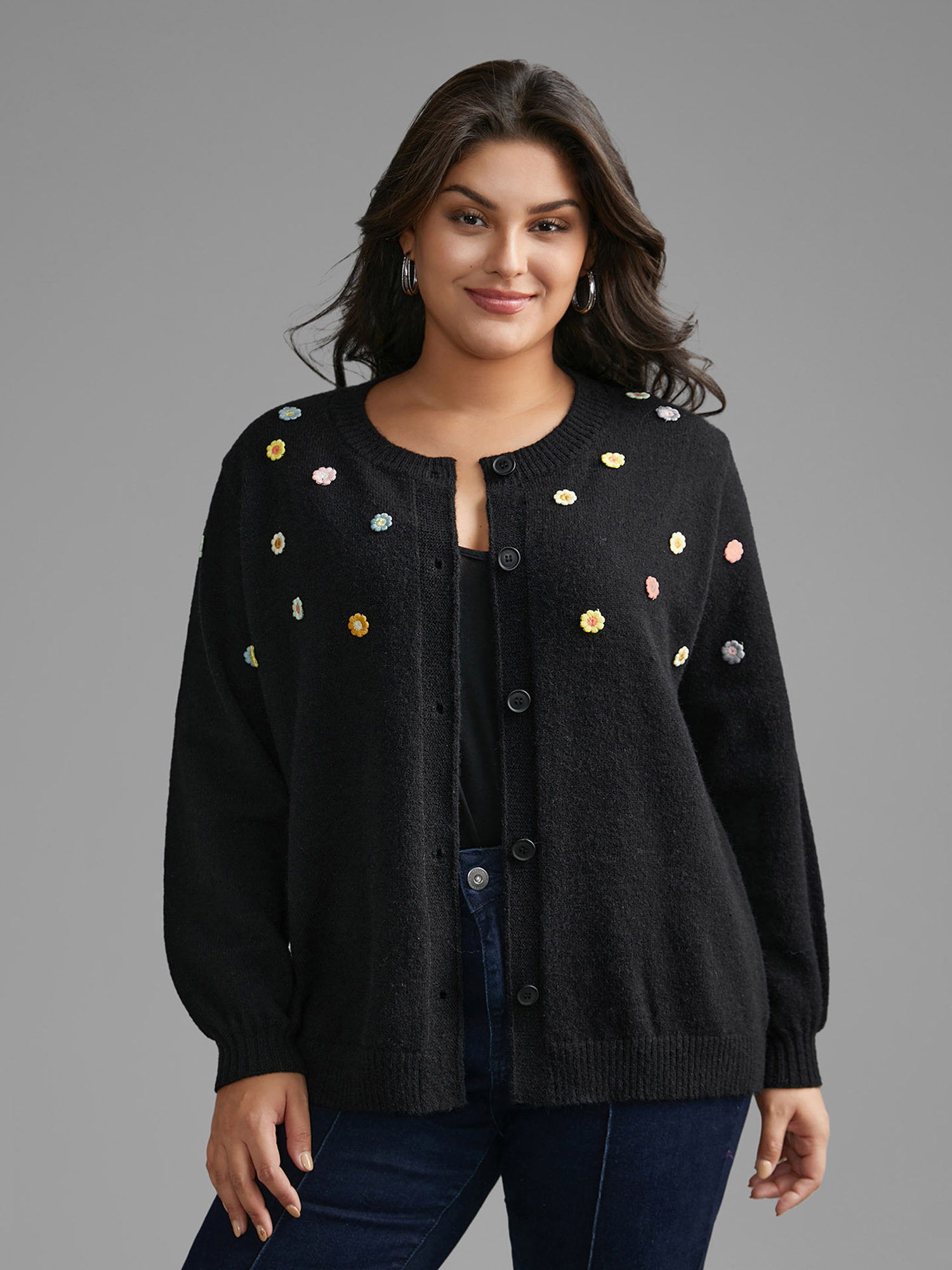 

Plus Size Stereo Flower Design Button Through Cardigan Black Women Casual Loose Long Sleeve Everyday Cardigans BloomChic