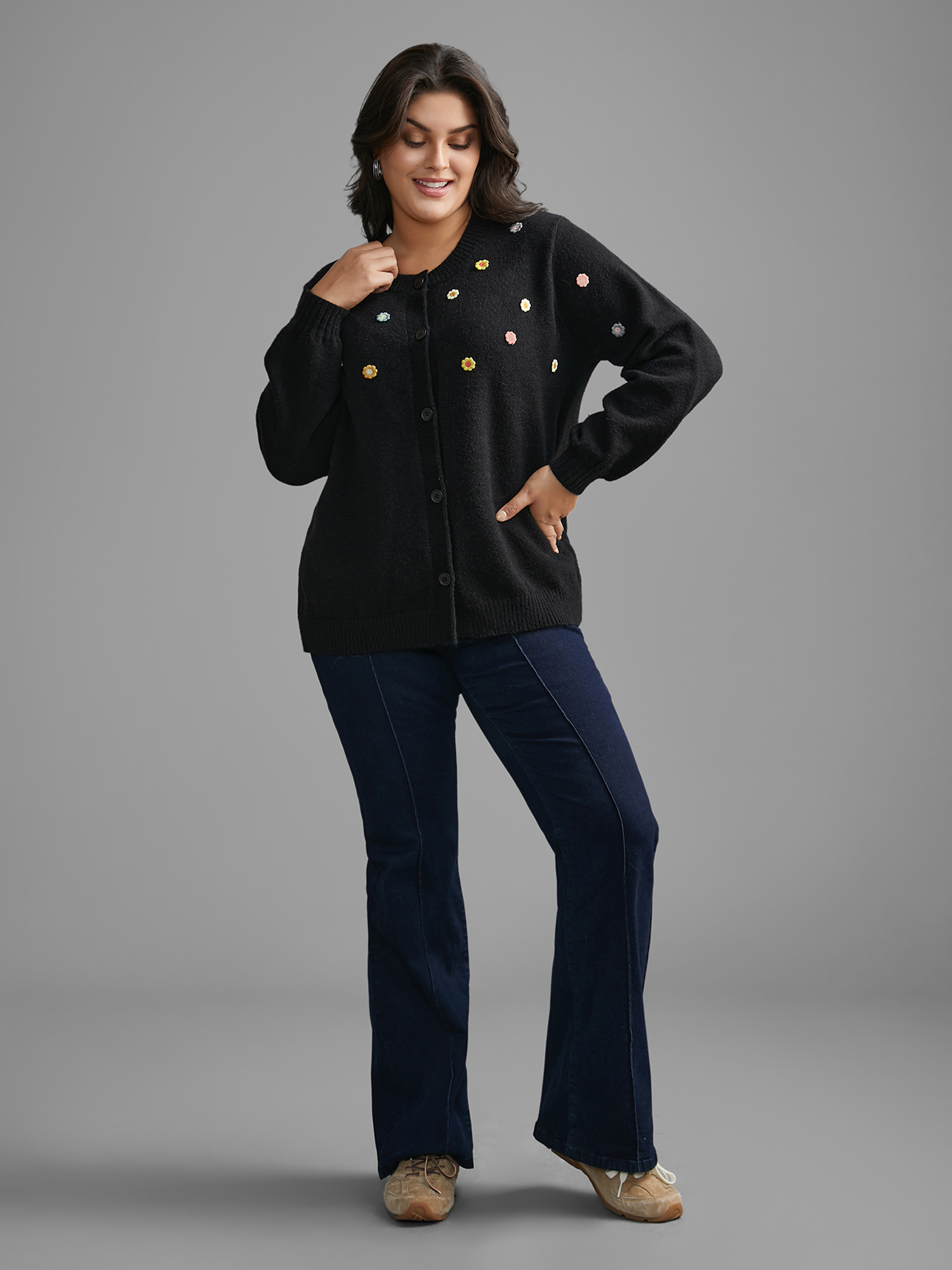Plus Size Stereo Flower Design Button Through Cardigan Black Women Casual Loose Long Sleeve Everyday Cardigans BloomChic 12/L 