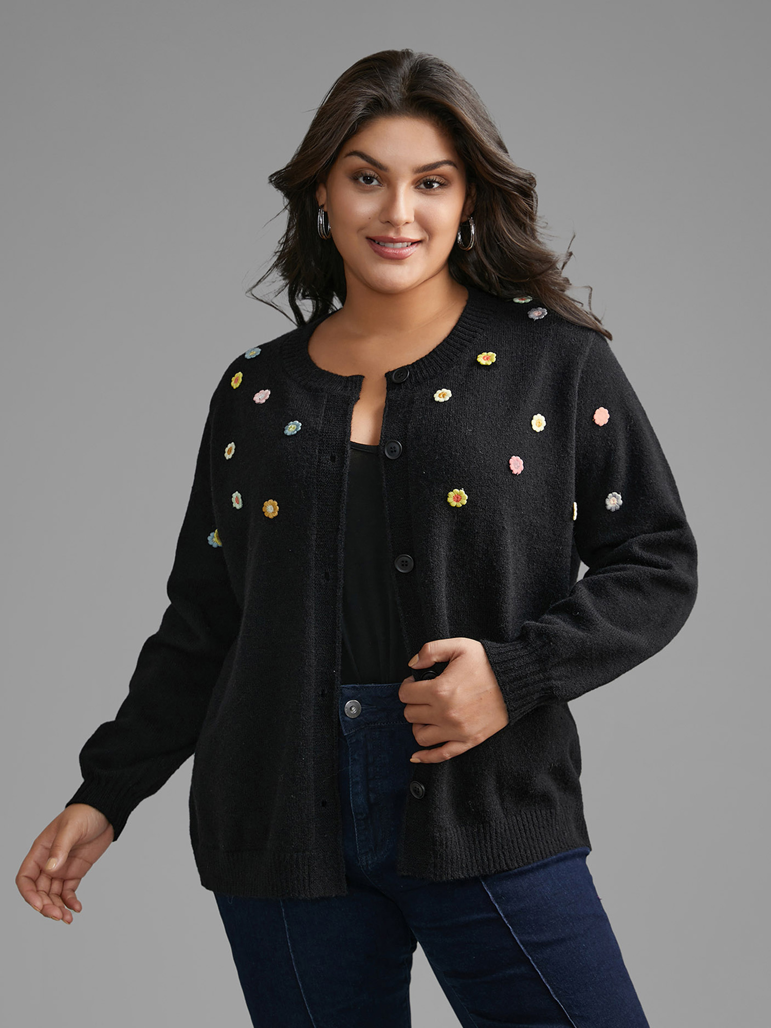 Plus Size Stereo Flower Design Button Through Cardigan Black Women Casual Loose Long Sleeve Everyday Cardigans BloomChic 12/L 