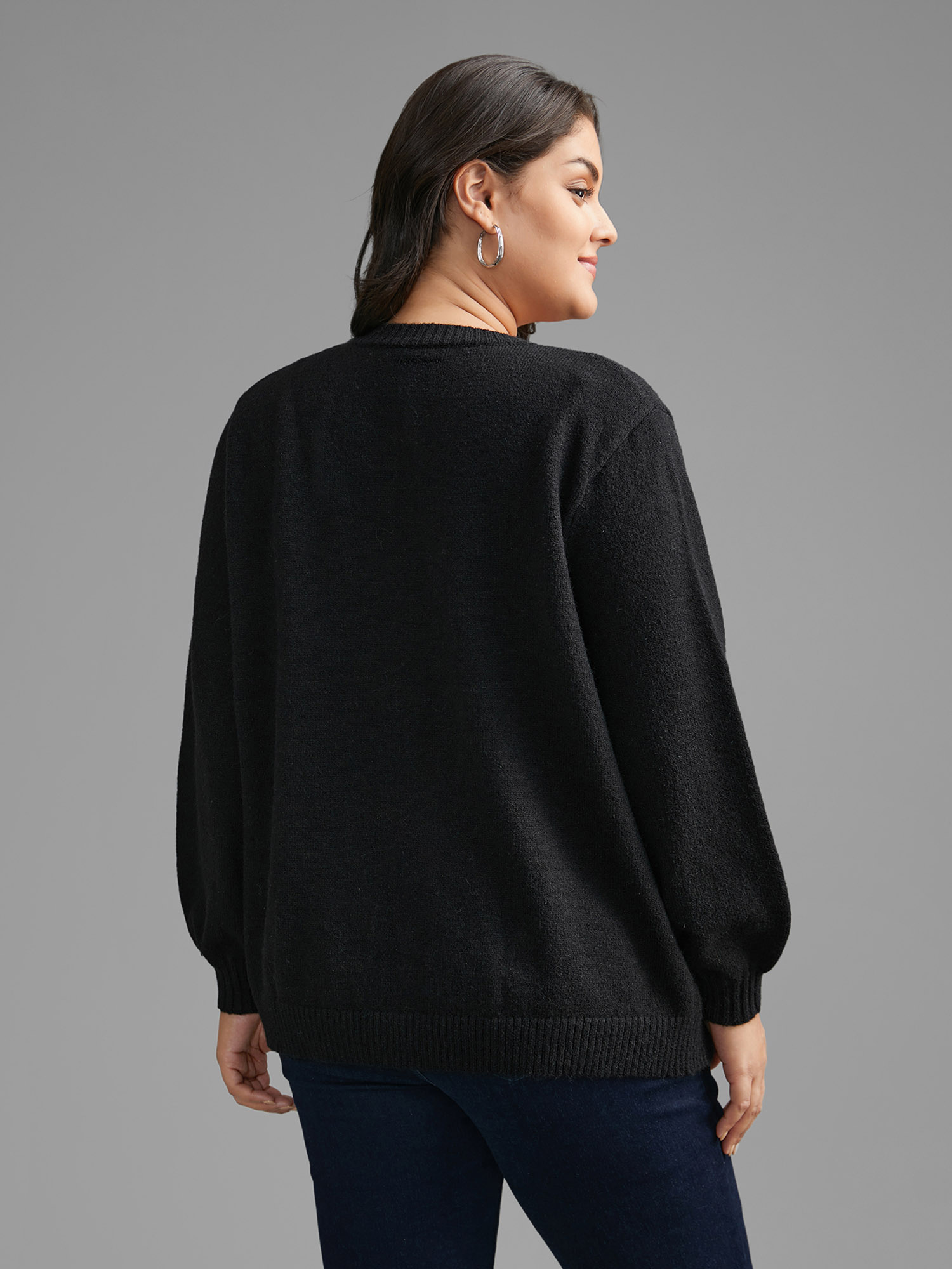 Plus Size Stereo Flower Design Button Through Cardigan Black Women Casual Loose Long Sleeve Everyday Cardigans BloomChic 12/L 