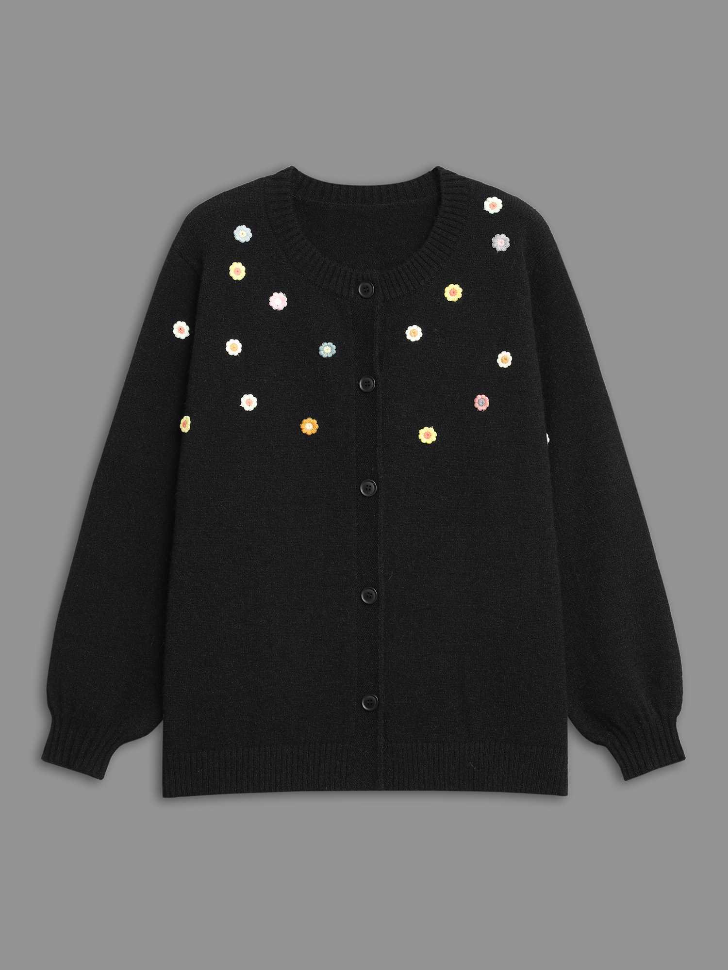 Plus Size Stereo Flower Design Button Through Cardigan Black Women Casual Loose Long Sleeve Everyday Cardigans BloomChic 12/L 
