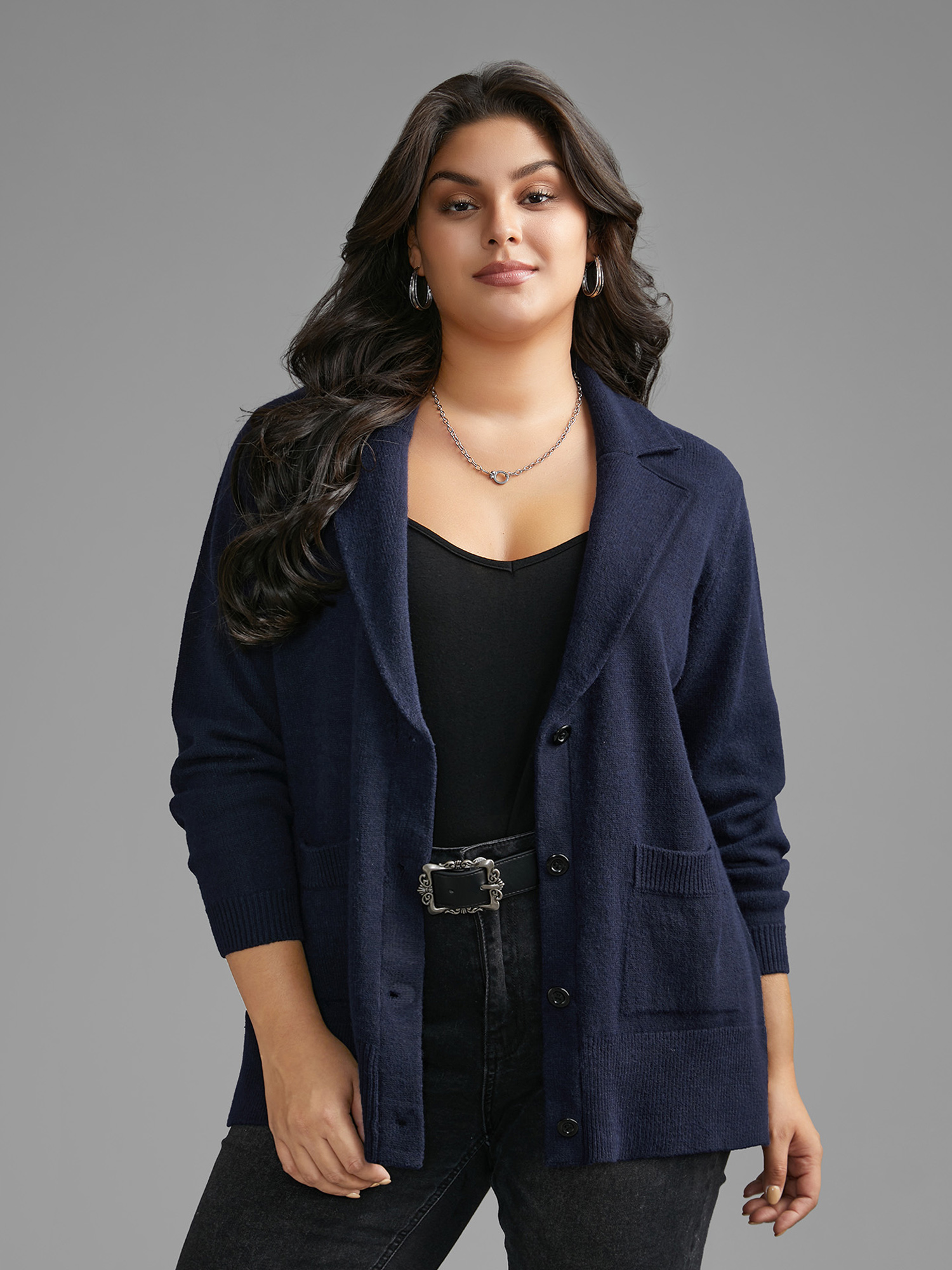 

Plus Size Supersoft Essentials Suit Collar Patch Pocket Cardigan Midnight Women Casual Loose Long Sleeve Everyday Cardigans BloomChic