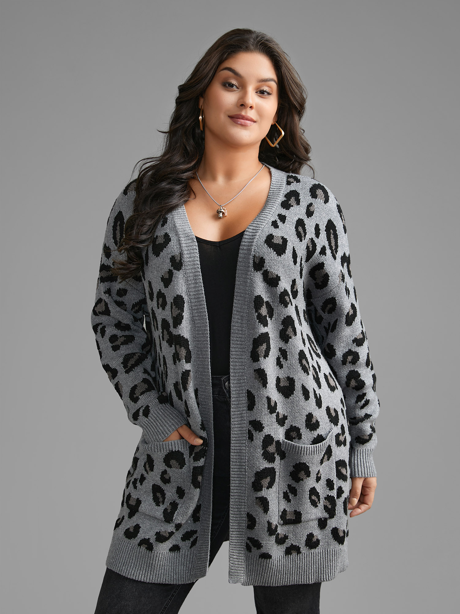 

Plus Size Supersoft Essentials Leopard Print Kimono Collar Cardigan Mediumgray Women Casual Loose Long Sleeve Everyday Cardigans BloomChic