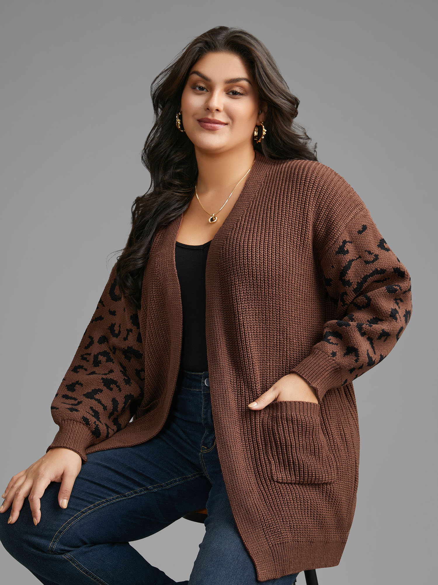 

Plus Size Leopard Print Patchwork Lantern Sleeve Cardigan Browncoffeecolor Women Casual Loose Long Sleeve Everyday Cardigans BloomChic