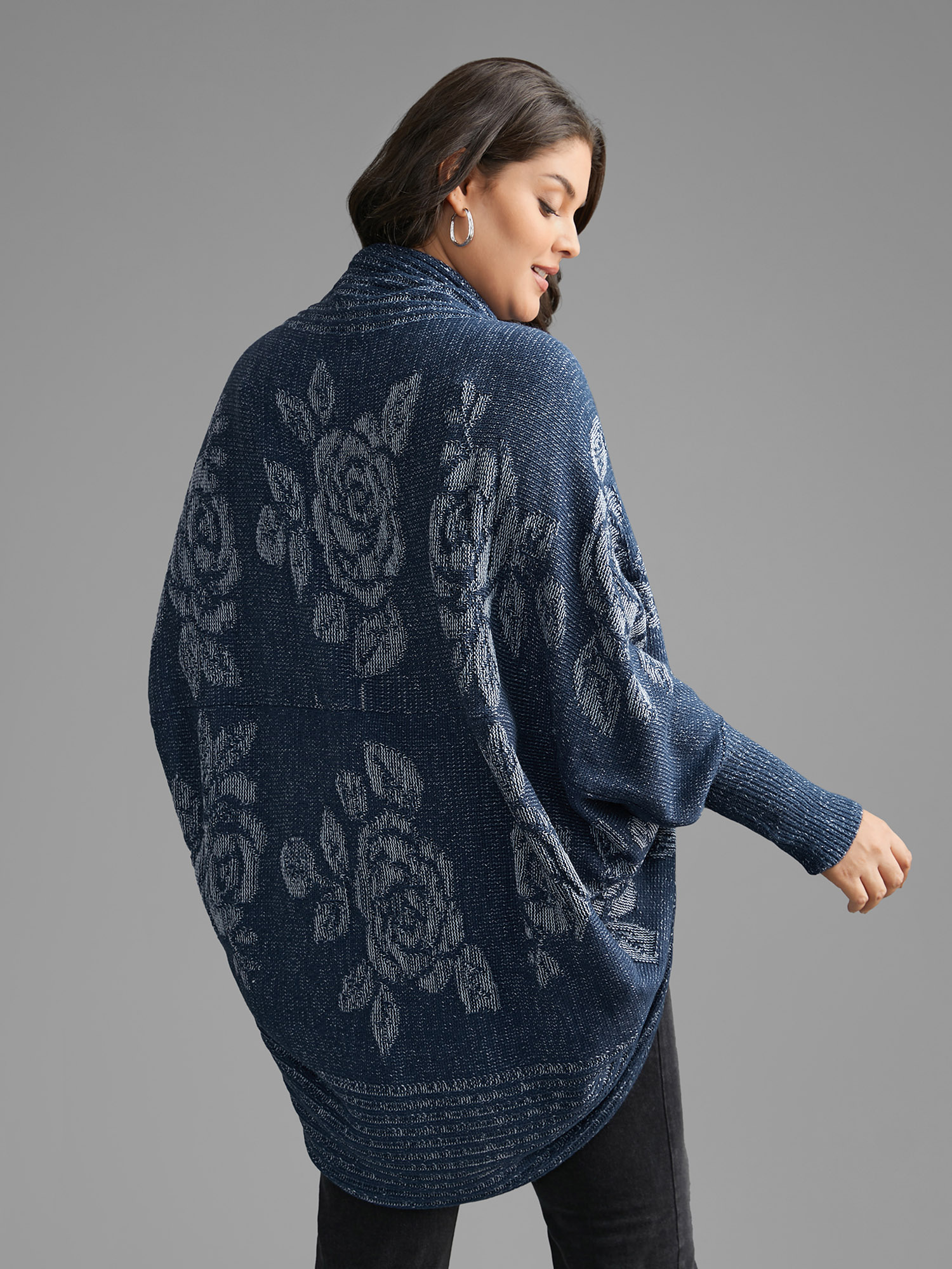 

Plus Size Floral Jacquard Batwing Sleeve Arc Hem Cardigan Aegean Women Casual Loose Long Sleeve Everyday Cardigans BloomChic