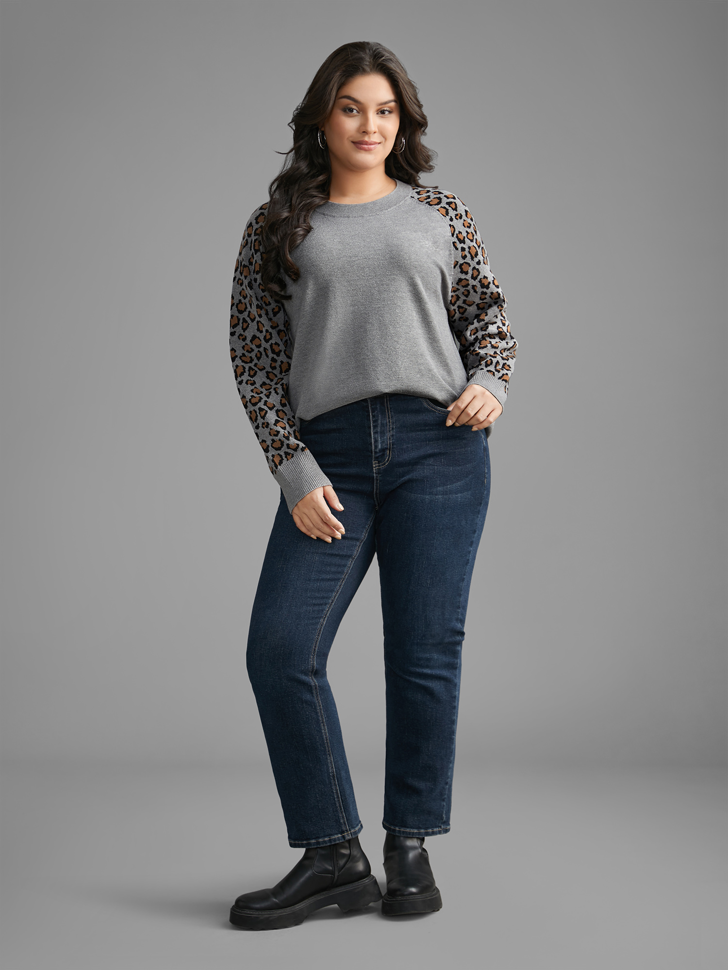 

Plus Size Leopard Print Raglan Sleeve Pullover DarkGray Women Casual Loose Long Sleeve Round Neck Everyday Pullovers BloomChic