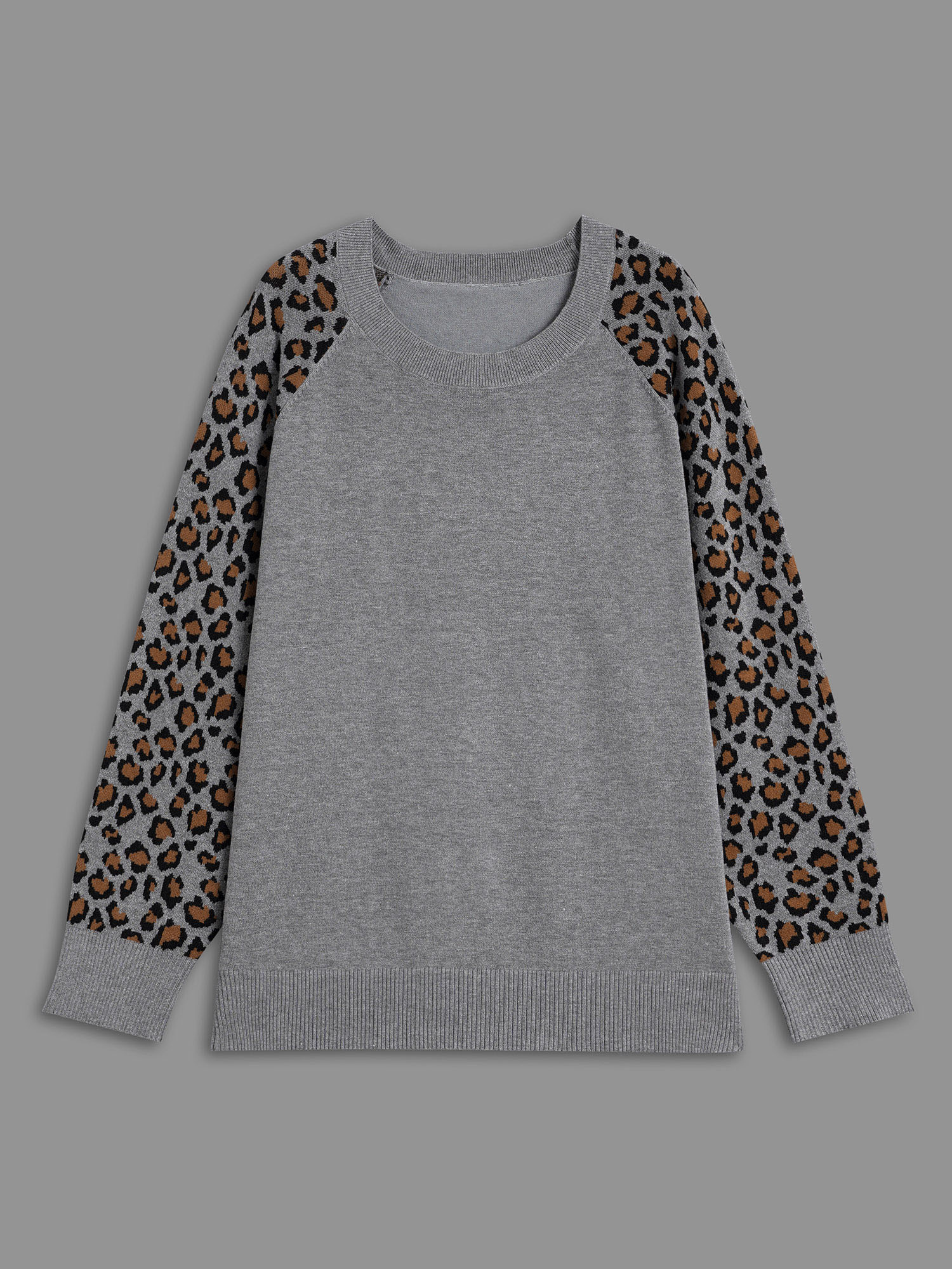 

Plus Size Leopard Print Raglan Sleeve Pullover DarkGray Women Casual Loose Long Sleeve Round Neck Everyday Pullovers BloomChic