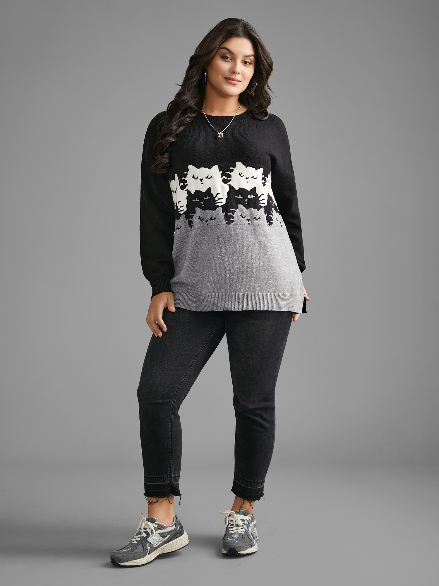 

Plus Size Cat Contrast Drop Shoulder Pullover Black Women Casual Loose Long Sleeve Round Neck Everyday Pullovers BloomChic