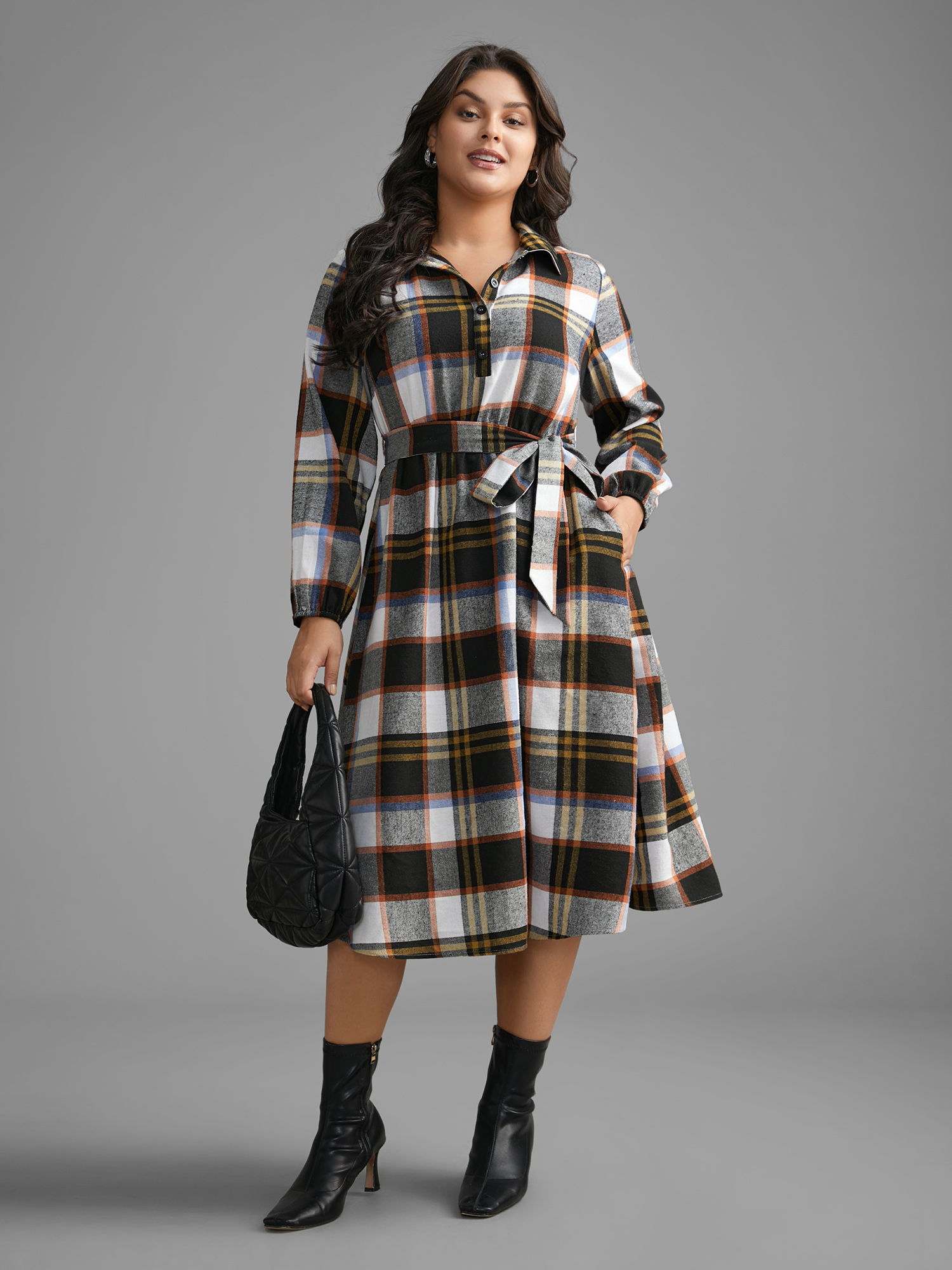 

Plus Size Plaid Button Up Belted Knit Dress Multicolor Women At the Office Belted Knit Dresses Bloomchic