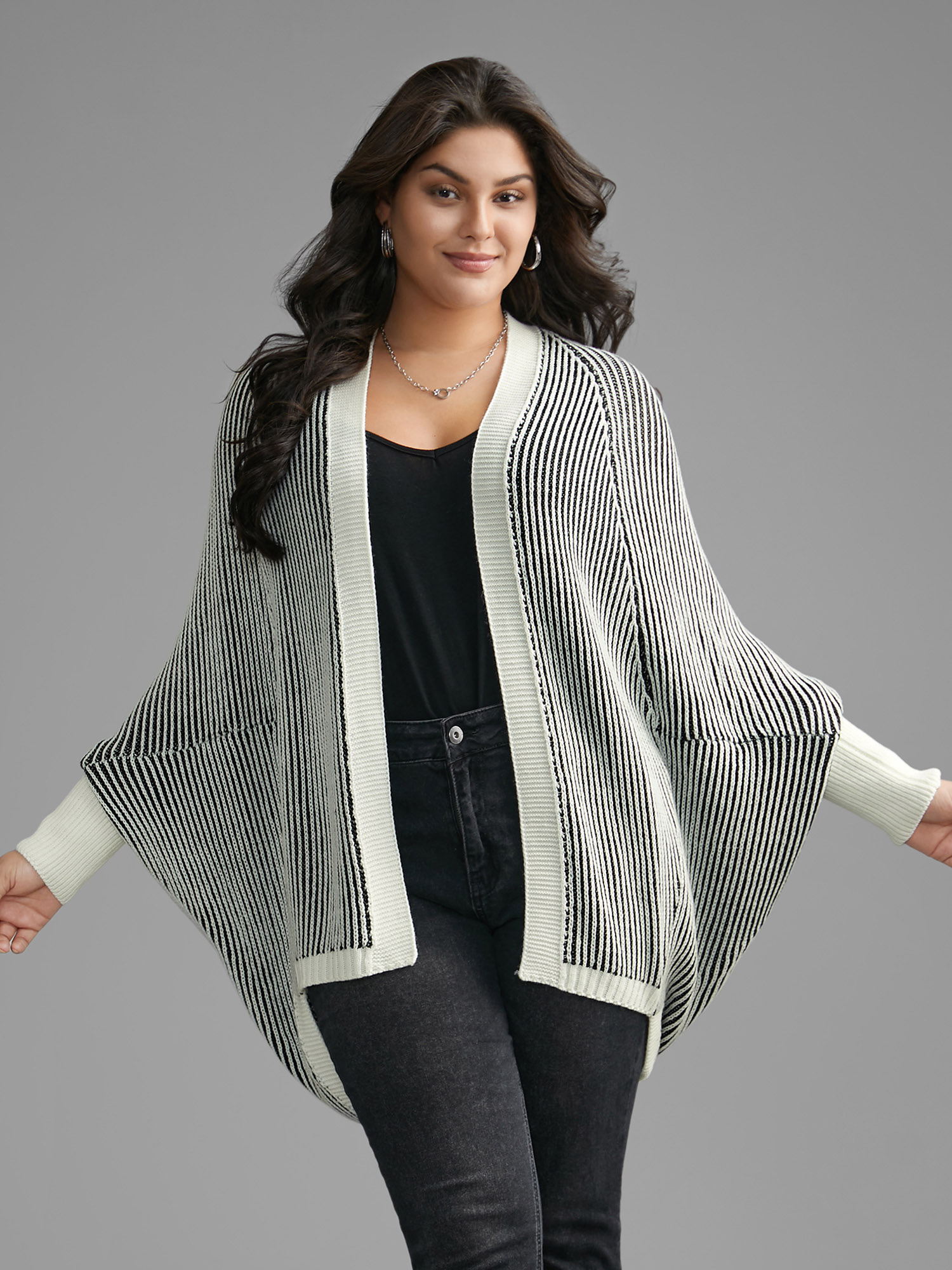 

Plus Size Striped Textured Kimono Collar Dolman Sleeve Cardigan Black Women Casual Loose Long Sleeve Everyday Cardigans BloomChic