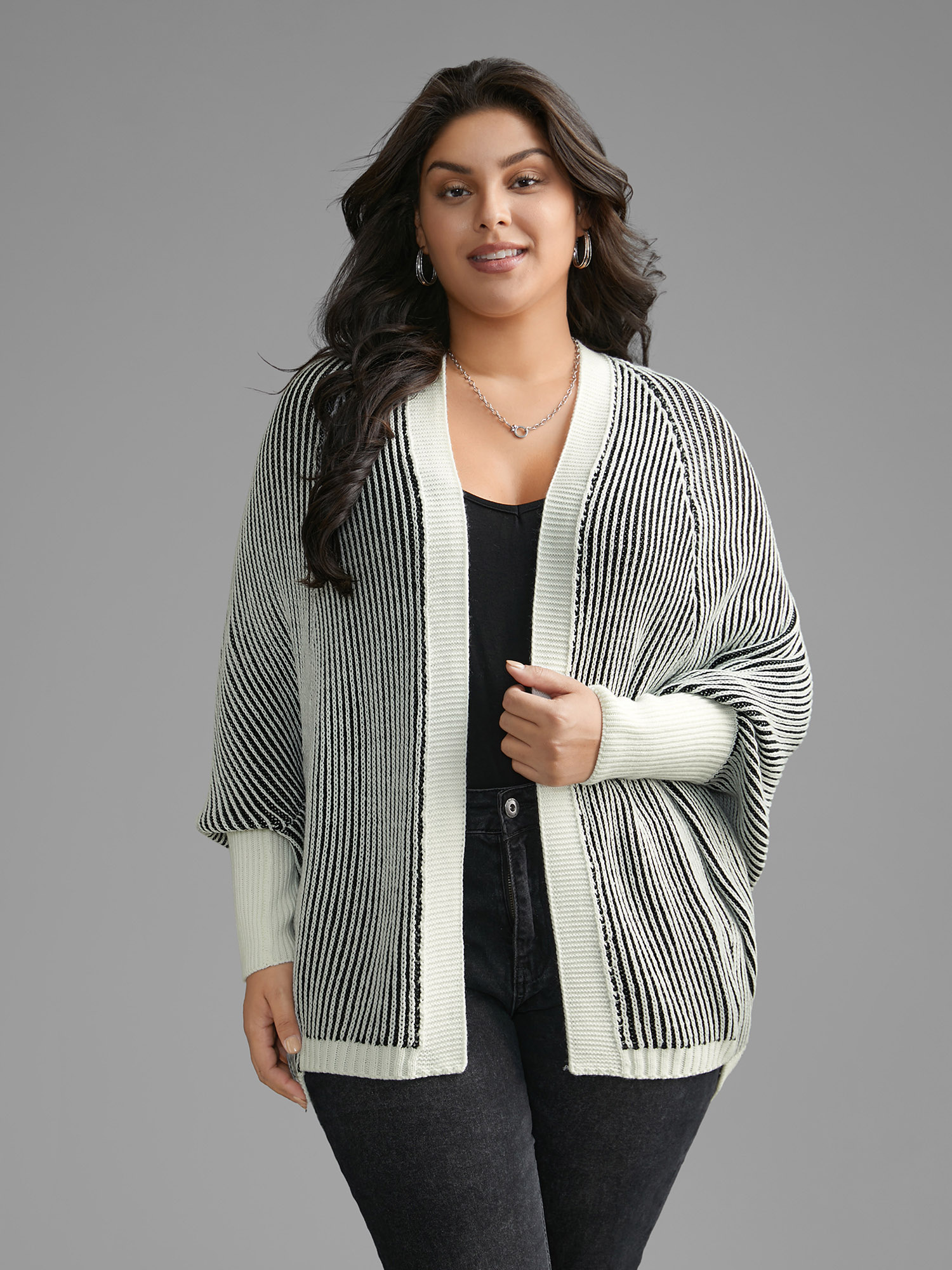 

Plus Size Striped Textured Kimono Collar Dolman Sleeve Cardigan Black Women Casual Loose Long Sleeve Everyday Cardigans BloomChic