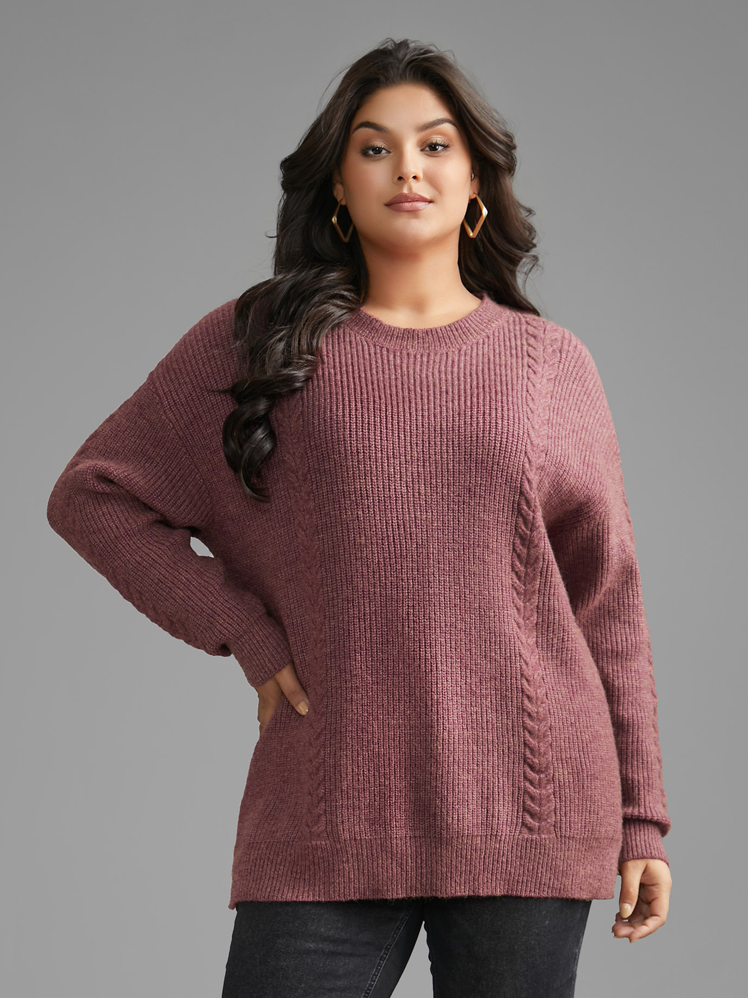 

Plus Size Plain Textured Cable Knit Backless Pullover Lilac Women Casual Loose Long Sleeve Round Neck Everyday Pullovers BloomChic