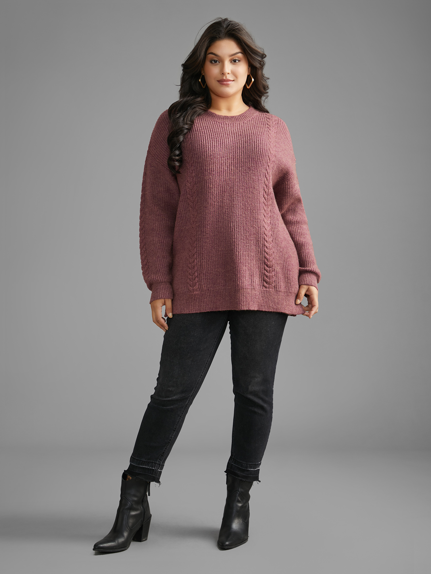 

Plus Size Plain Textured Cable Knit Backless Pullover Lilac Women Casual Loose Long Sleeve Round Neck Everyday Pullovers BloomChic