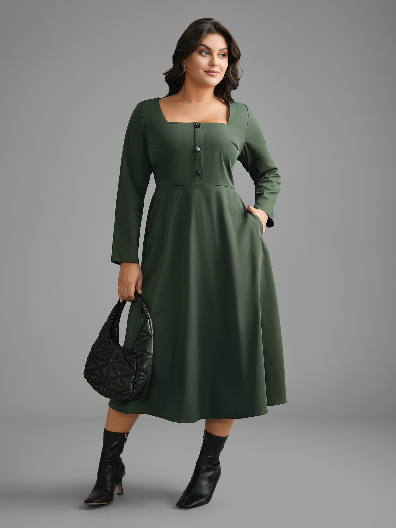 

Plus Size Square Neck Plain Button Detail Dress DarkGreen Women At the Office Button Square Neck Long Sleeve Curvy BloomChic