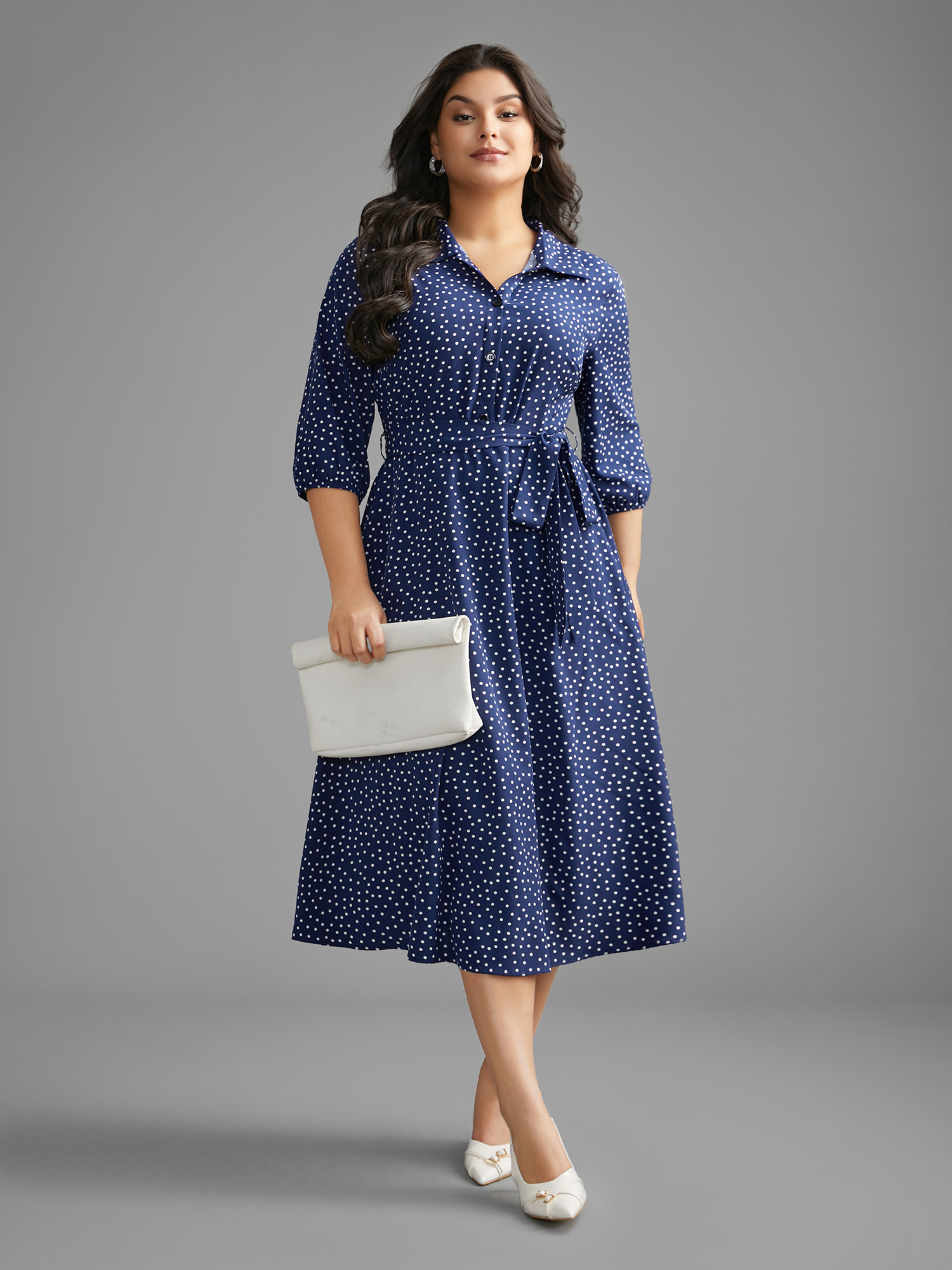 

Plus Size Polka Dot Shirt Collar Belted Dress DarkBlue Women At the Office Belted Shirt collar Elbow-length sleeve Curvy BloomChic