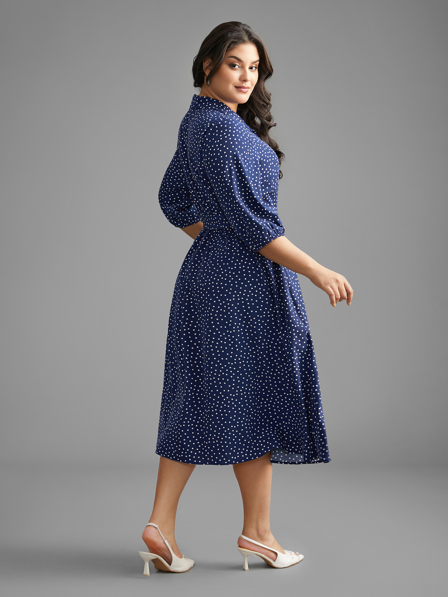 

Plus Size Polka Dot Shirt Collar Belted Dress DarkBlue Women At the Office Belted Shirt collar Elbow-length sleeve Curvy BloomChic