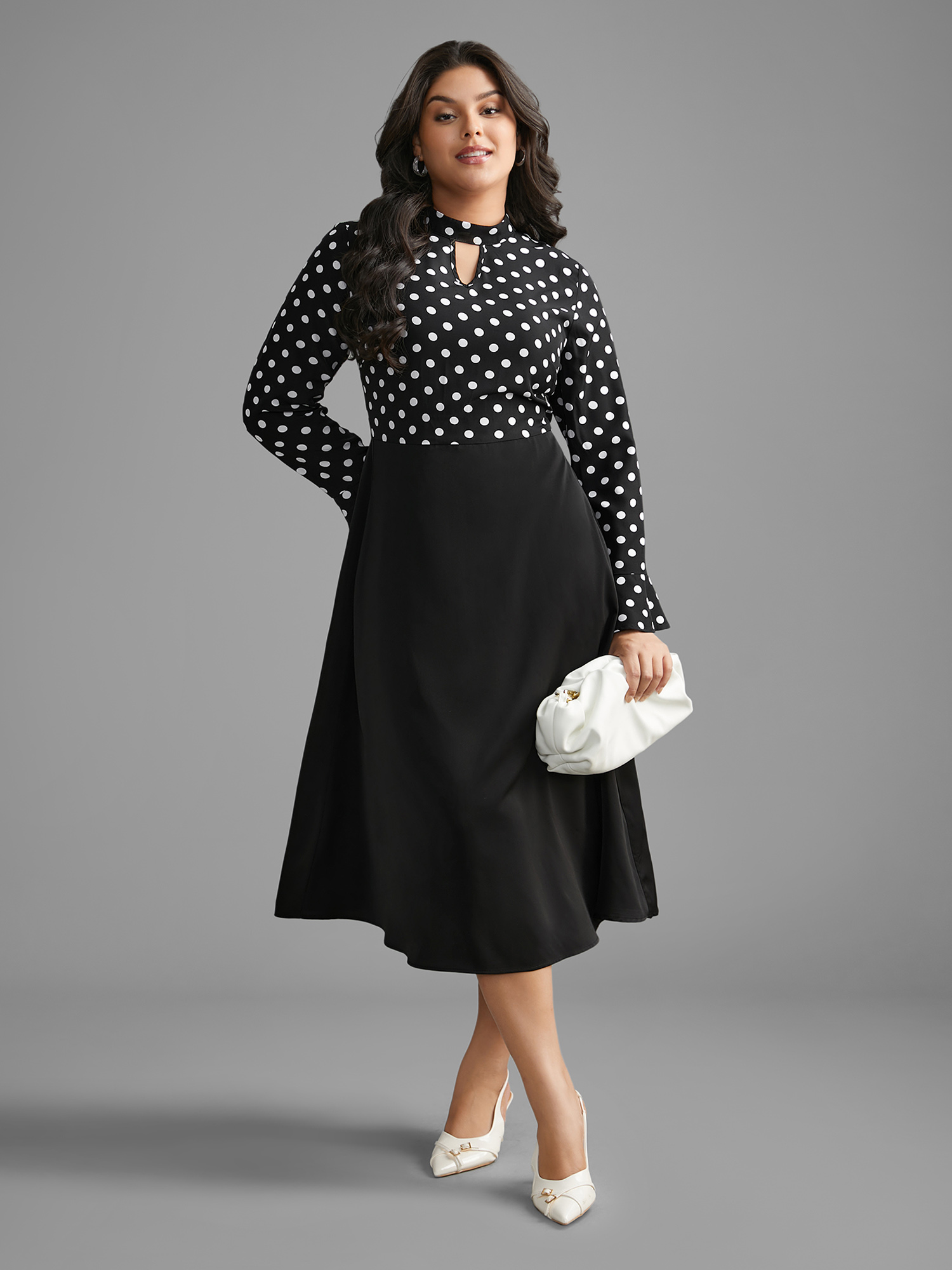 

Plus Size Polka Dot Patchwork Keyhole Dress Black Women At the Office Patchwork Mock Neck Long Sleeve Curvy BloomChic