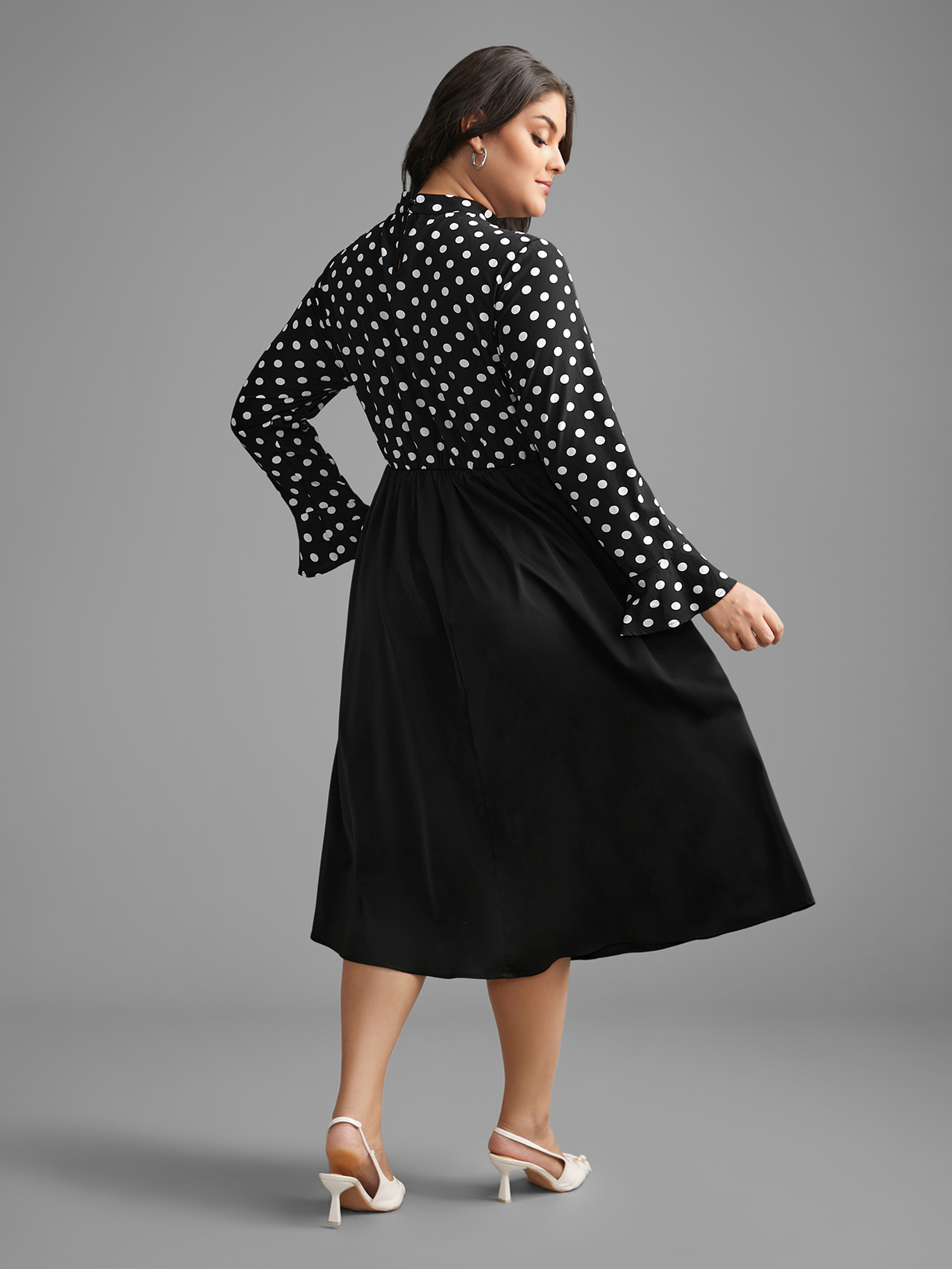 

Plus Size Polka Dot Patchwork Keyhole Dress Black Women At the Office Patchwork Mock Neck Long Sleeve Curvy BloomChic