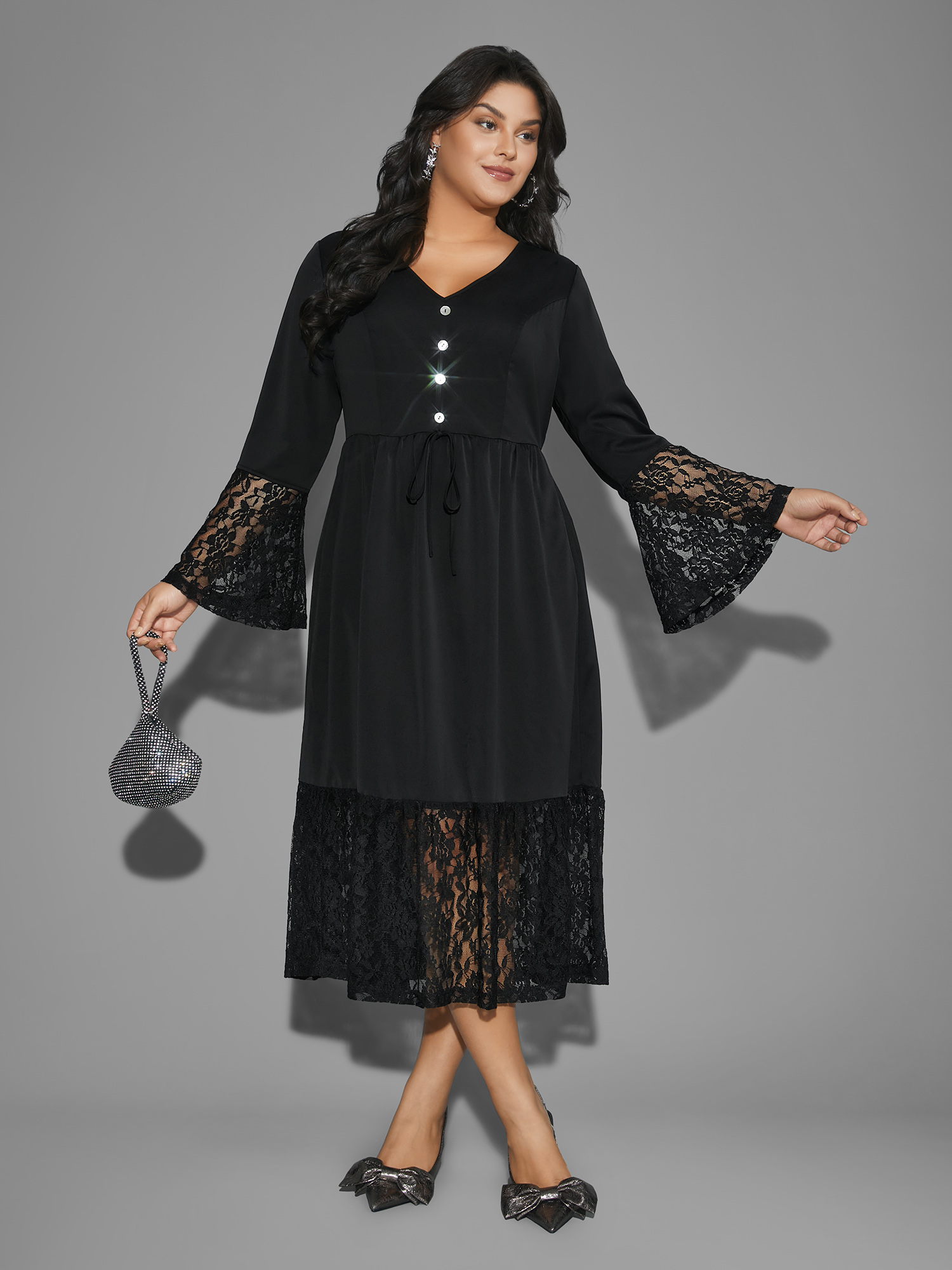 

Plus Size Lace Patchwork Button Detail Tie Knot Dress Black Women Cocktail Woven ribbon&lace trim Party Curvy Bloomchic